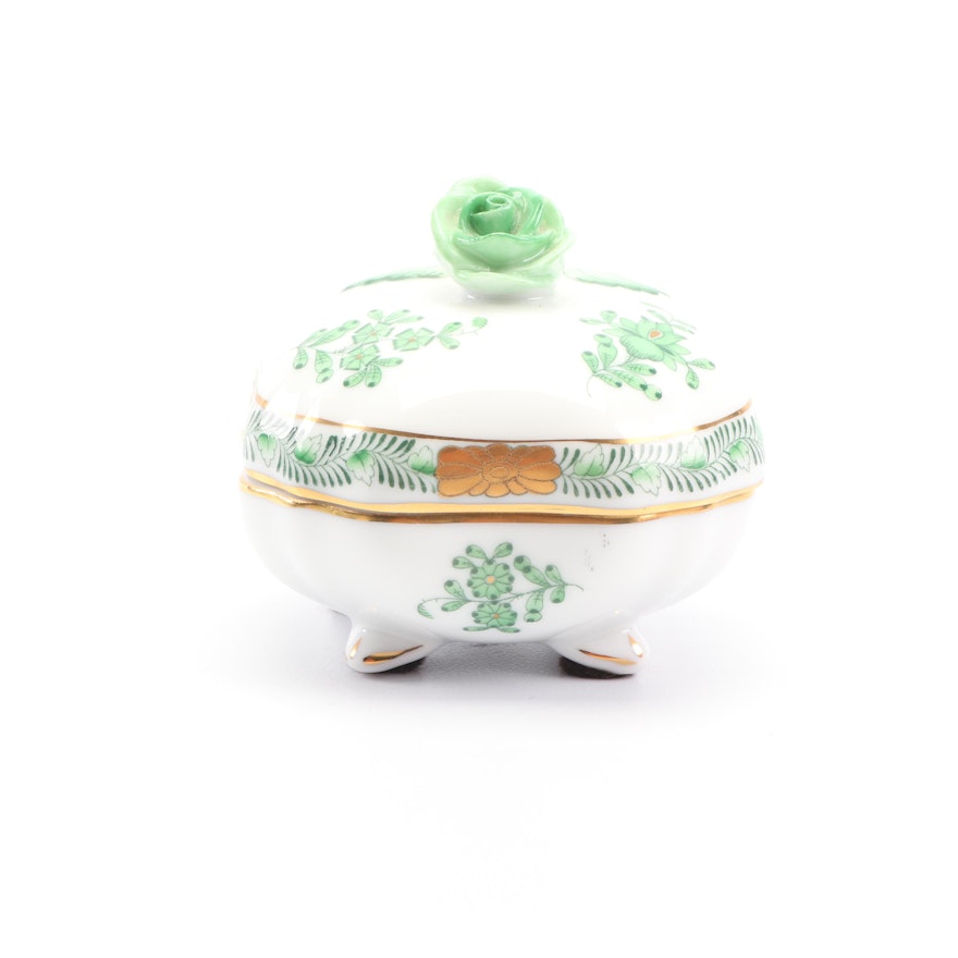 Herend "Chinese Bouquet" Green Porcelain Footed Trinket Box