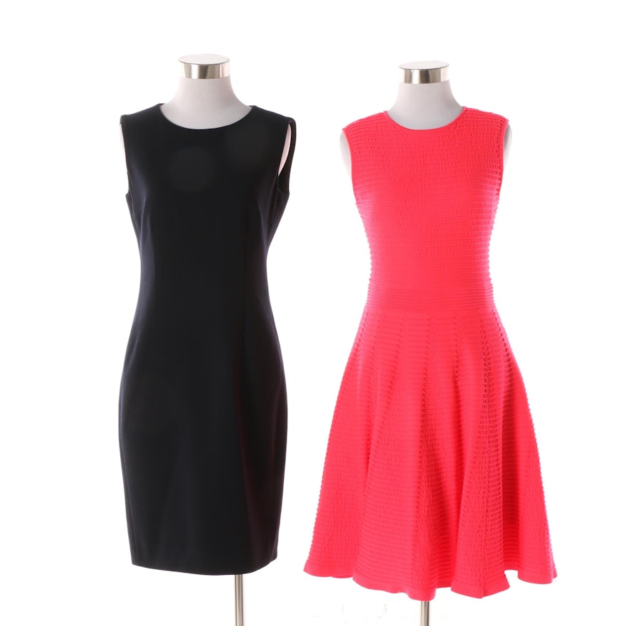 Ted Baker Bright Pink Fit and Flare and Max Mara Black Sleeveless Sheath Dresses