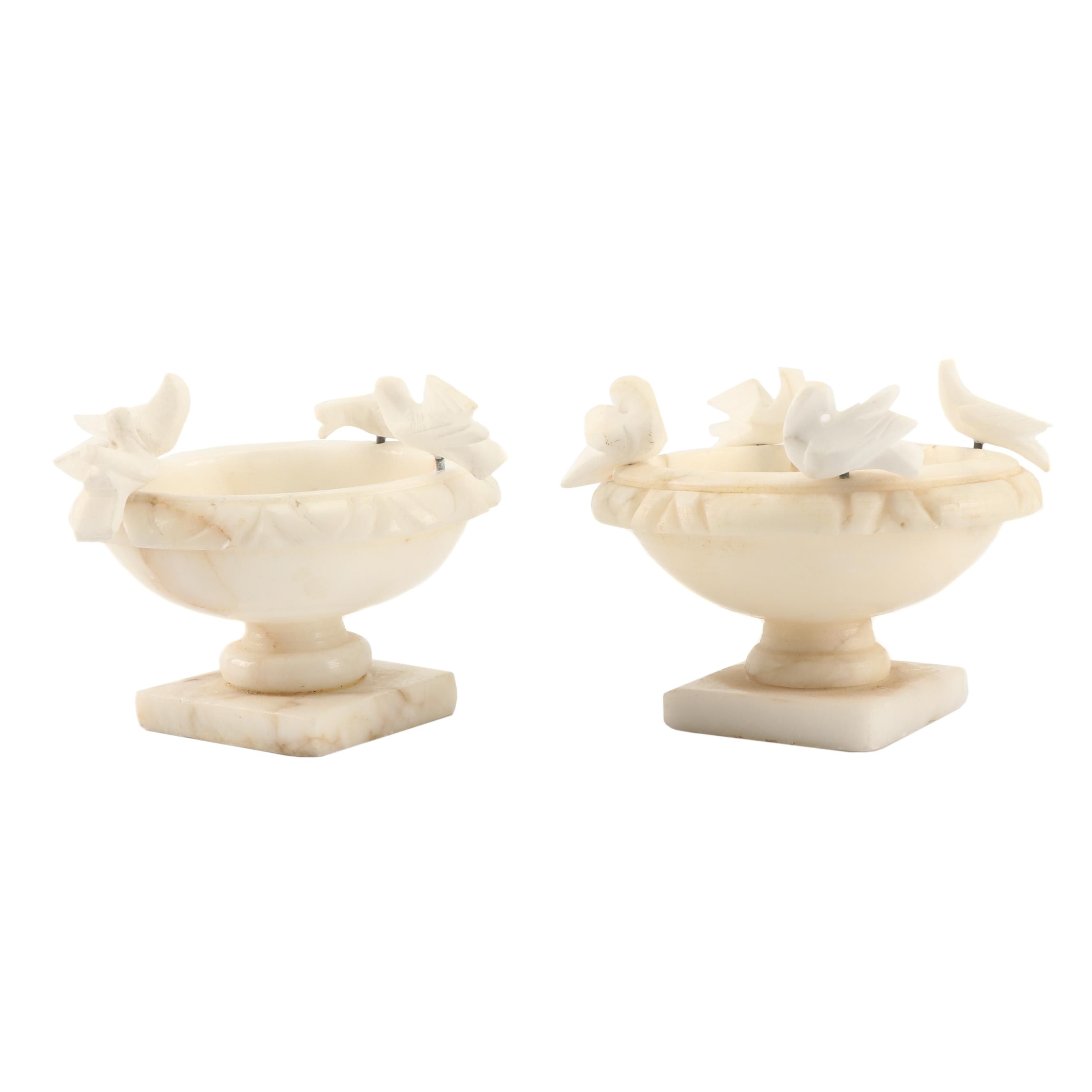 Carved Alabaster and Marble Birdbaths with Birds Figurines