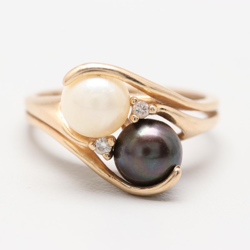 14K Yellow Gold Cultured Pearl and Diamond Ring