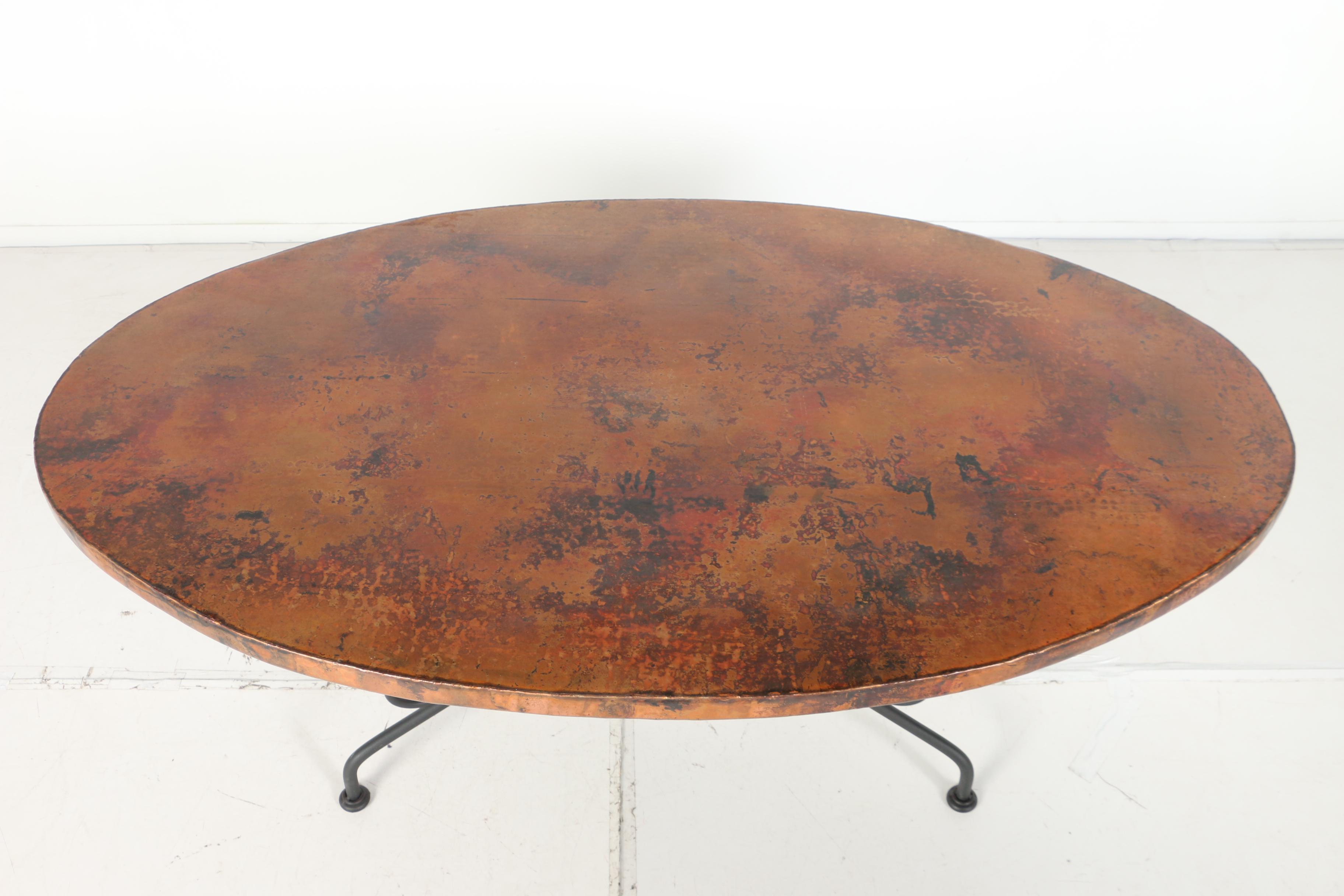 Contemporary "Arhaus" Mexican Iron and Hand Hammered Copper Oval Dining Table