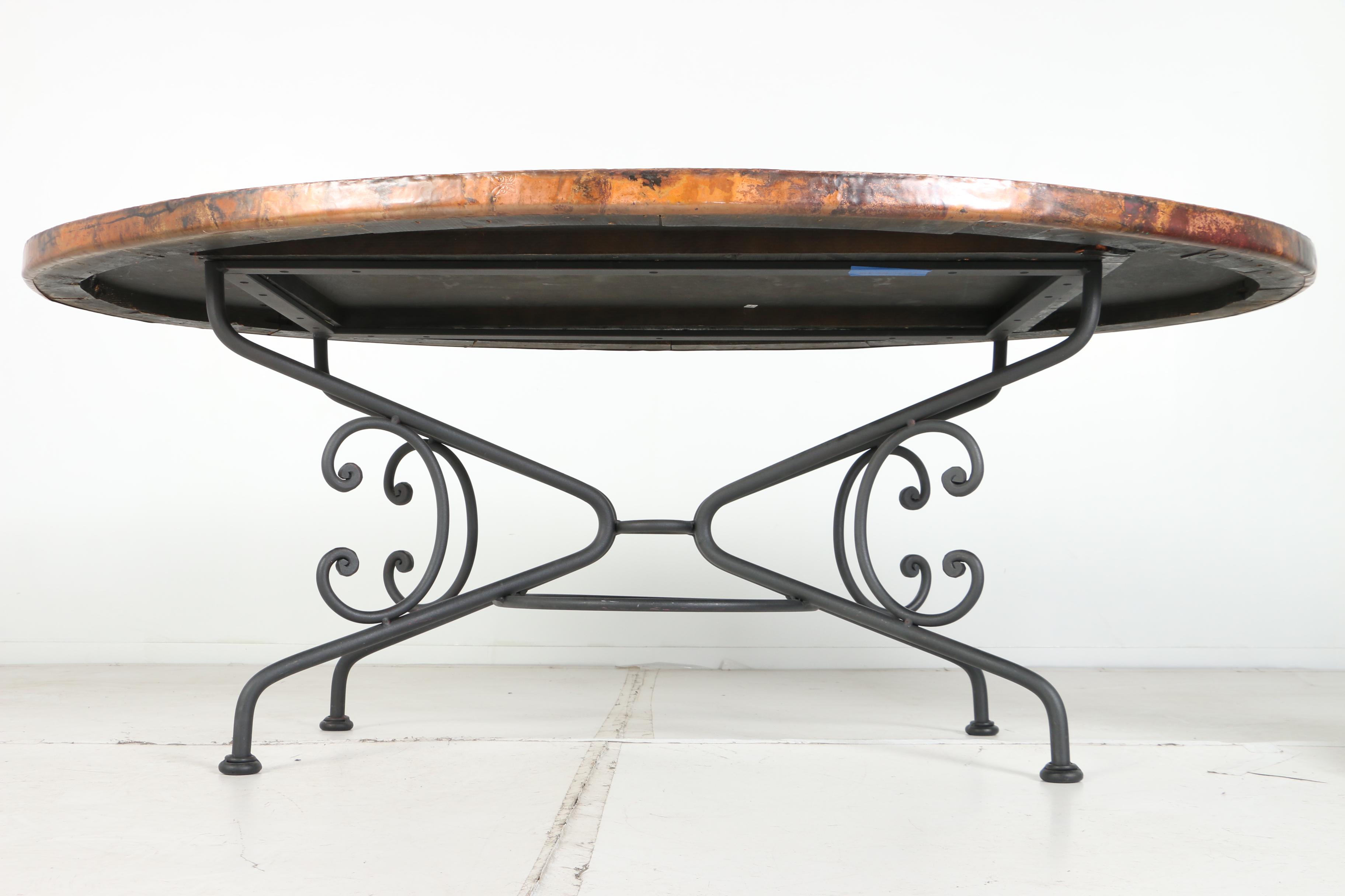 Contemporary "Arhaus" Mexican Iron and Hand Hammered Copper Oval Dining Table