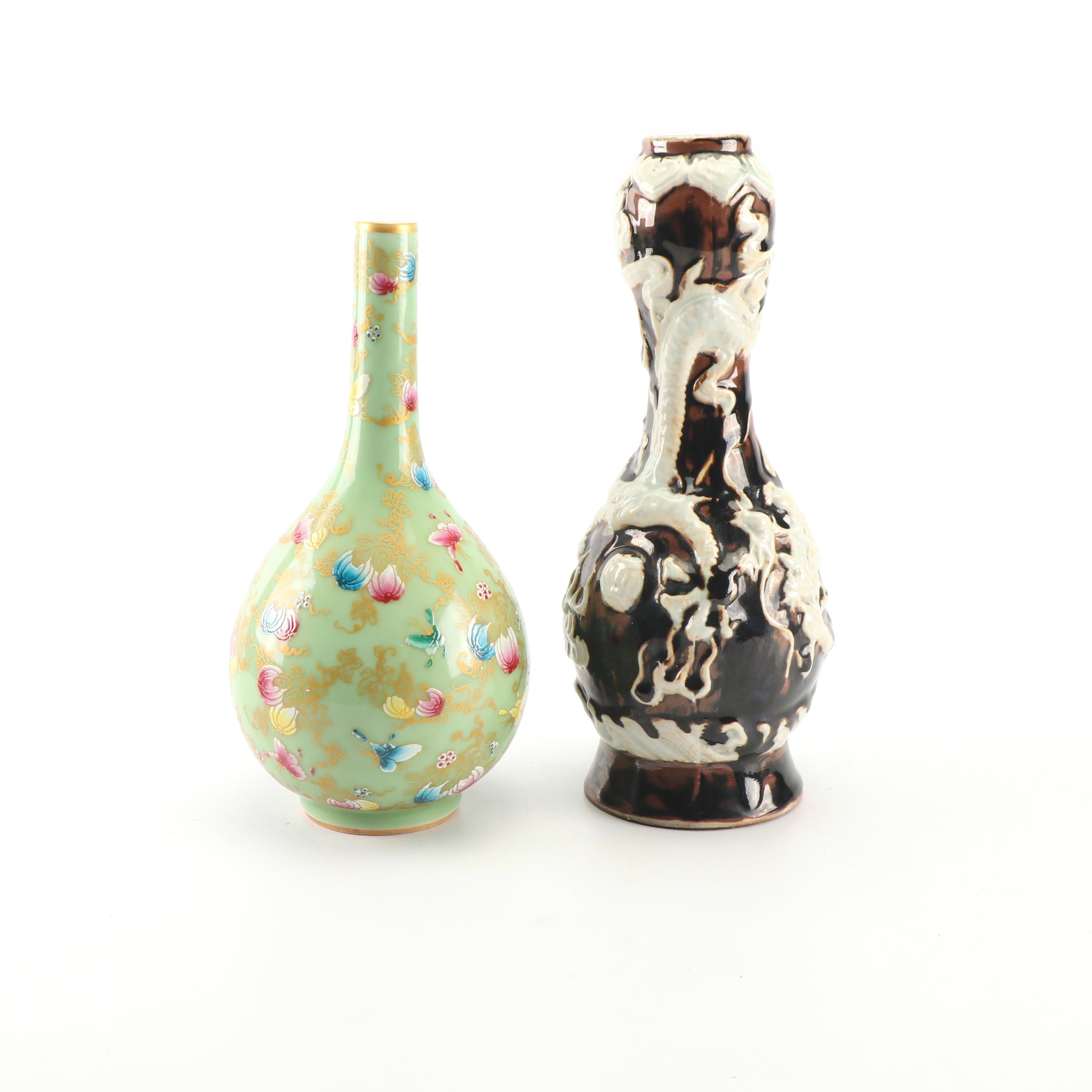 Chinese High Relief Dragon Vase and Celadon Glazed Vase with Overglaze Enamel