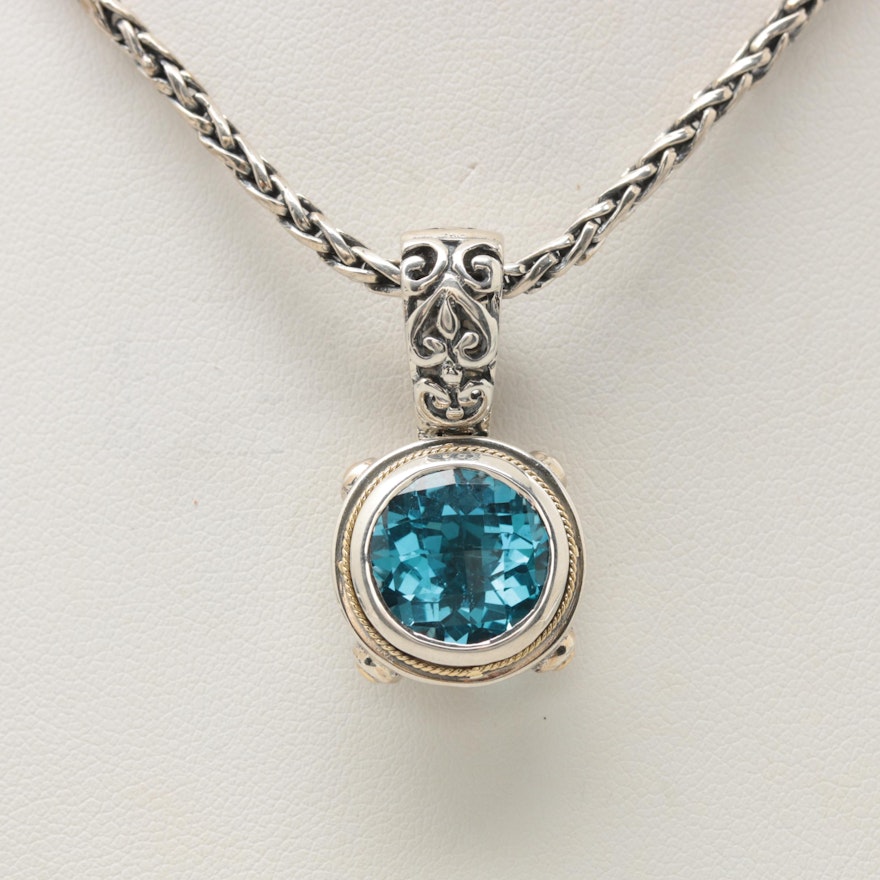 Effy Sterling Silver Blue Topaz Necklace with 18K Yellow Gold Accents