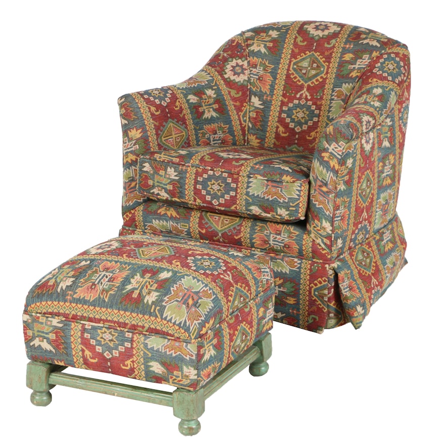 Contemporary Caucasian Kilim-Patterned Swivel Armchair with Ottoman