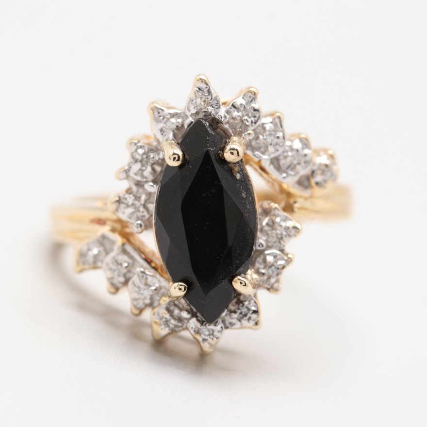 10K Yellow Gold Black Onyx and Diamond Ring