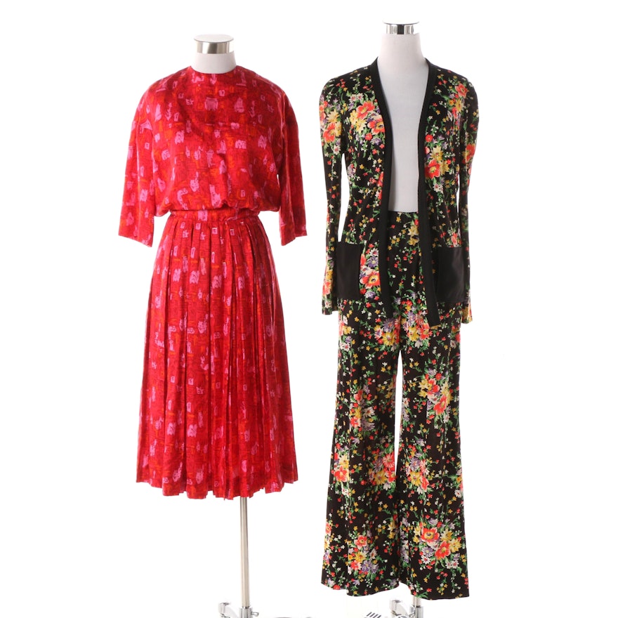 Vintage Knife Pleat Dress and Floral Pattern Bell Bottom Pants and Jacket Set