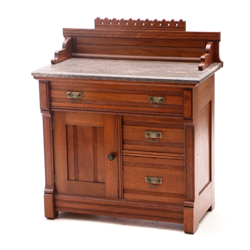 Eastlake Style Marble Top Wash Stand Cabinet in Oak by Berkey & Gay