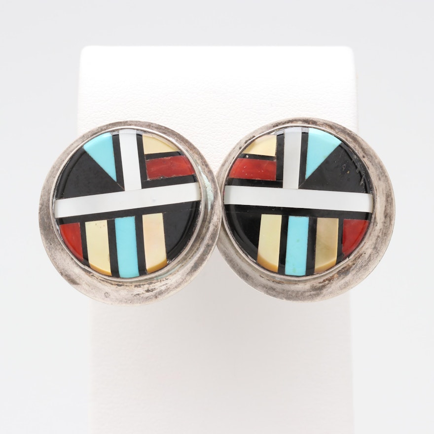 K. Wallace Zuni Sterling Turquoise, Coral and Mother of Pearl Mosaic Earrings