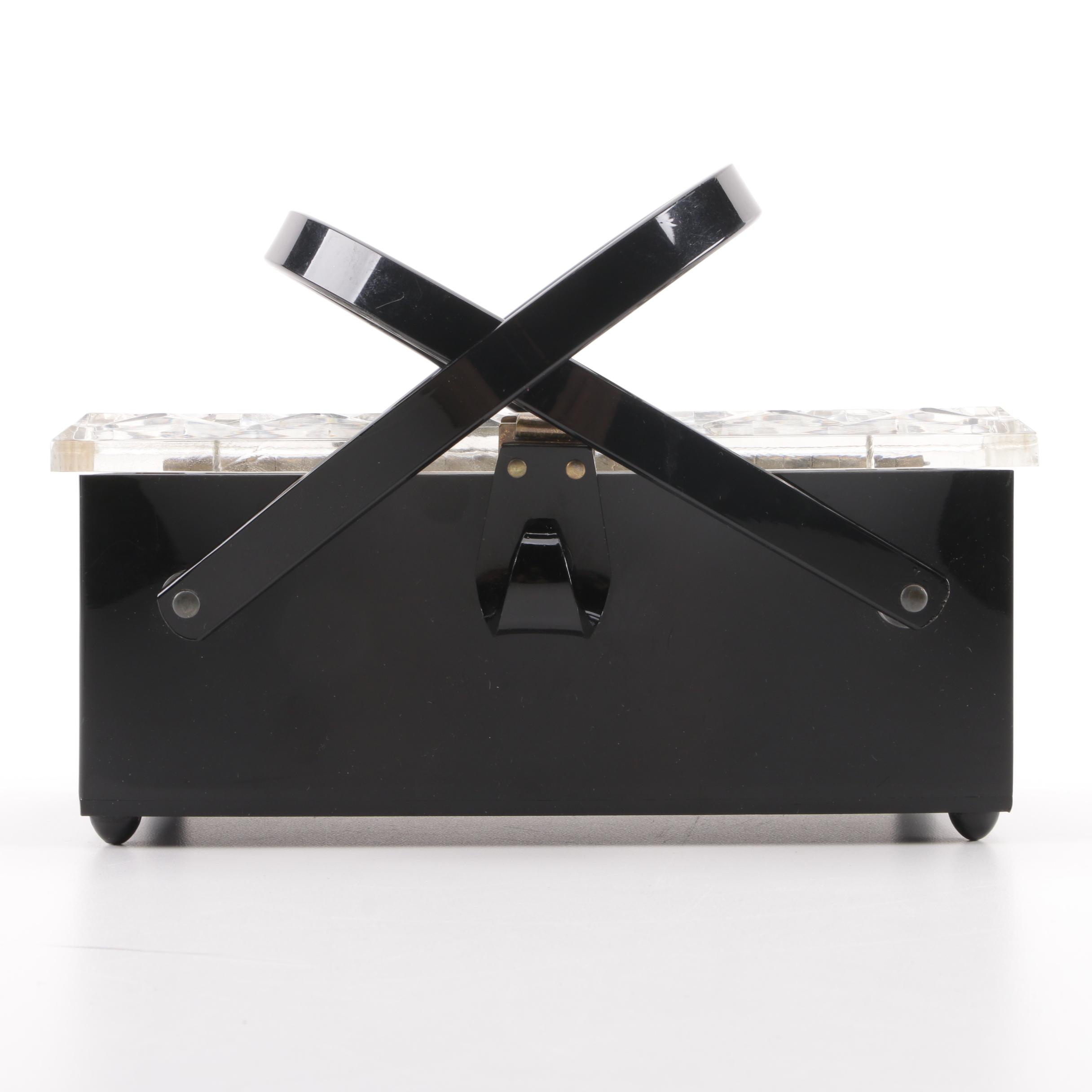 Mid-20th Century Box Purse with Basket Handles and Clear Lucite Diamond Cut Lid