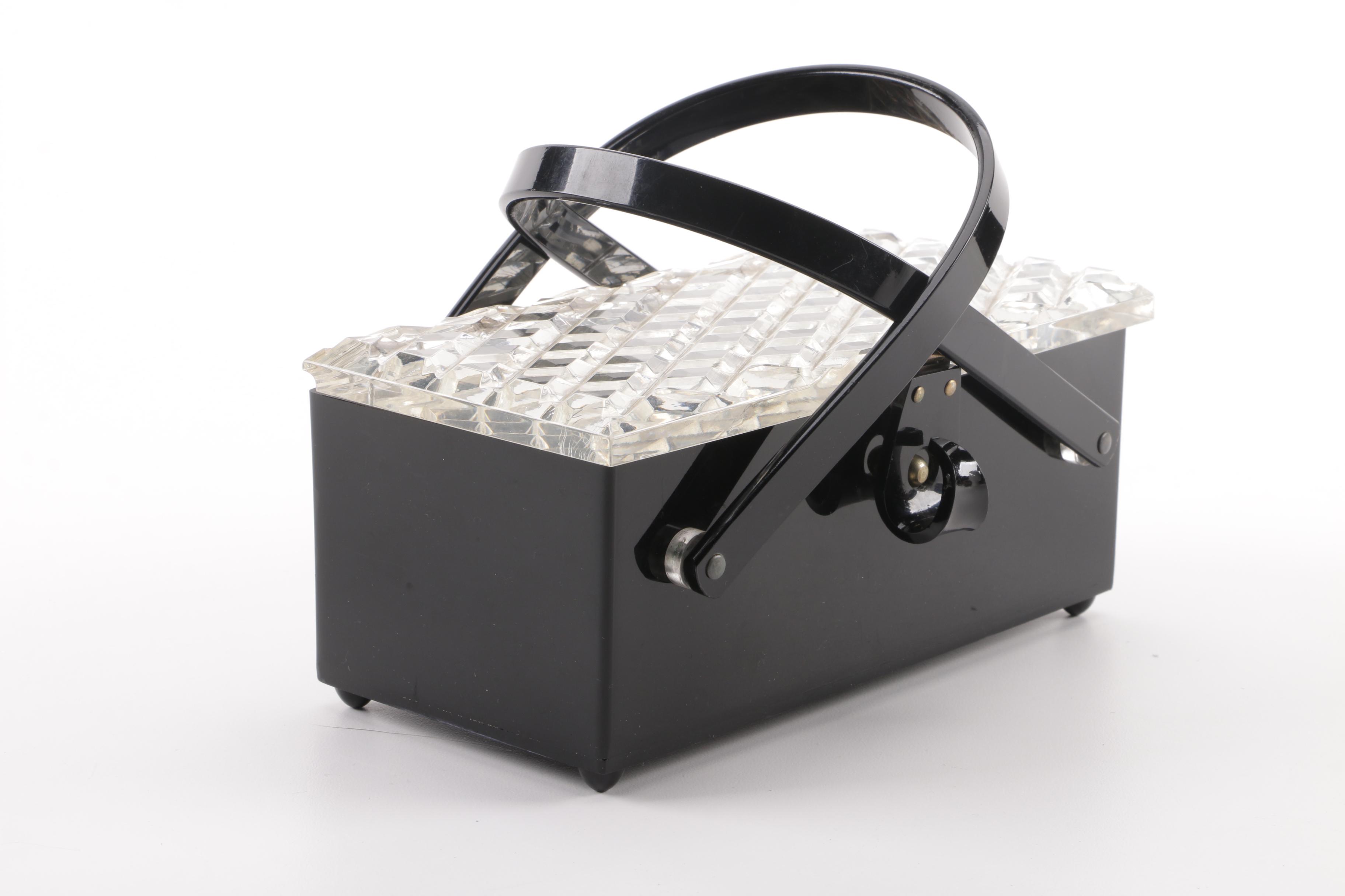 Mid-20th Century Box Purse with Basket Handles and Clear Lucite Diamond Cut Lid