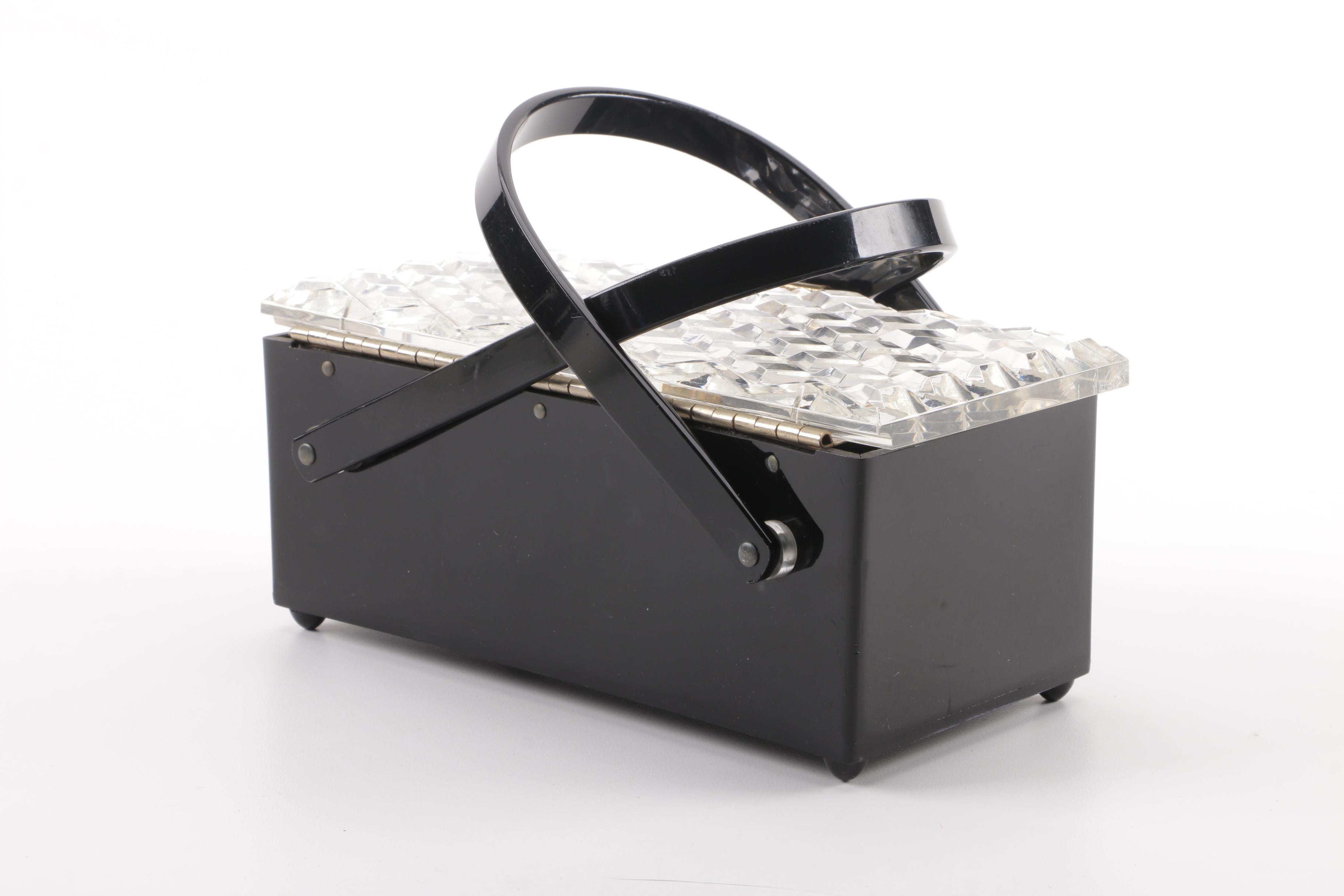 Mid-20th Century Box Purse with Basket Handles and Clear Lucite Diamond Cut Lid