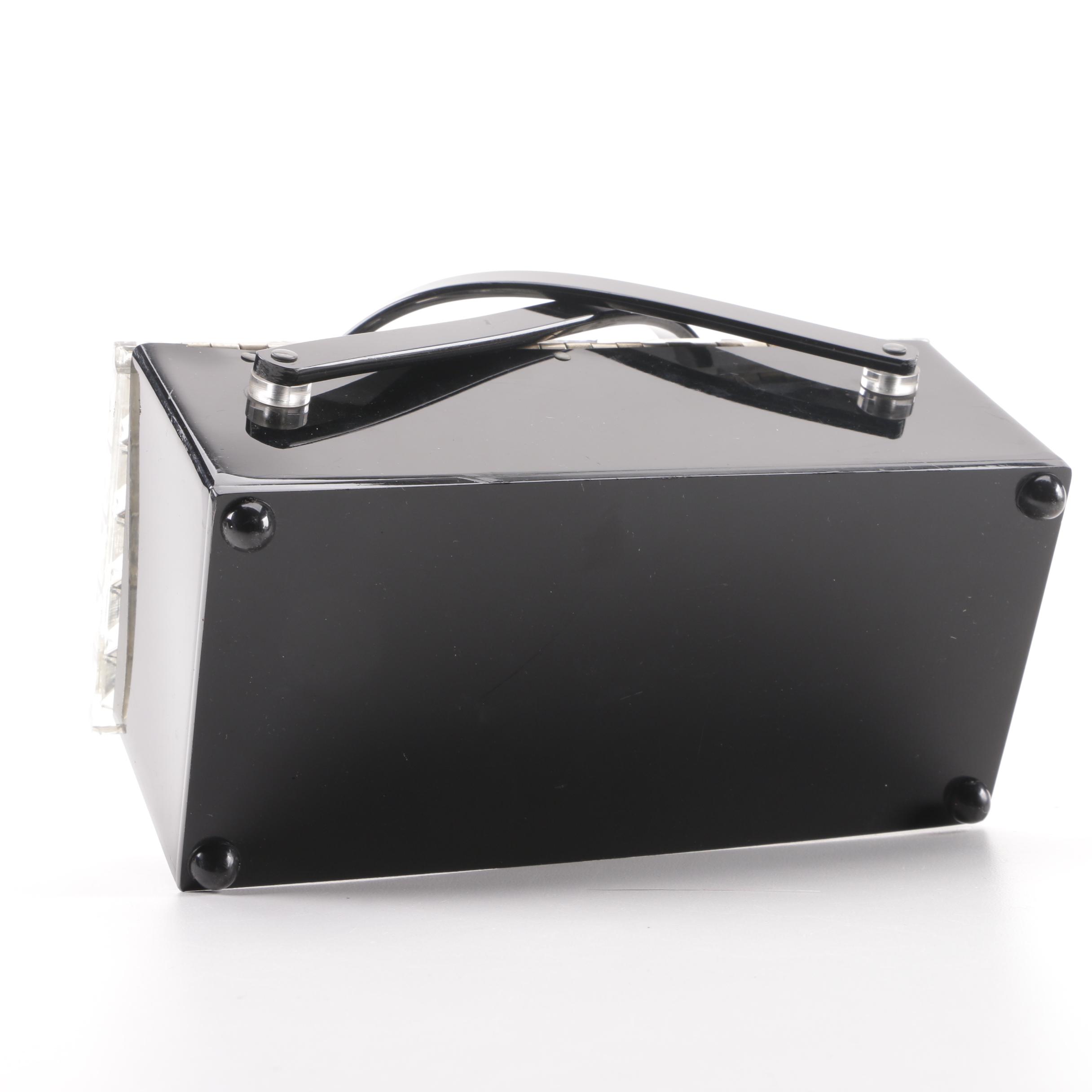Mid-20th Century Box Purse with Basket Handles and Clear Lucite Diamond Cut Lid