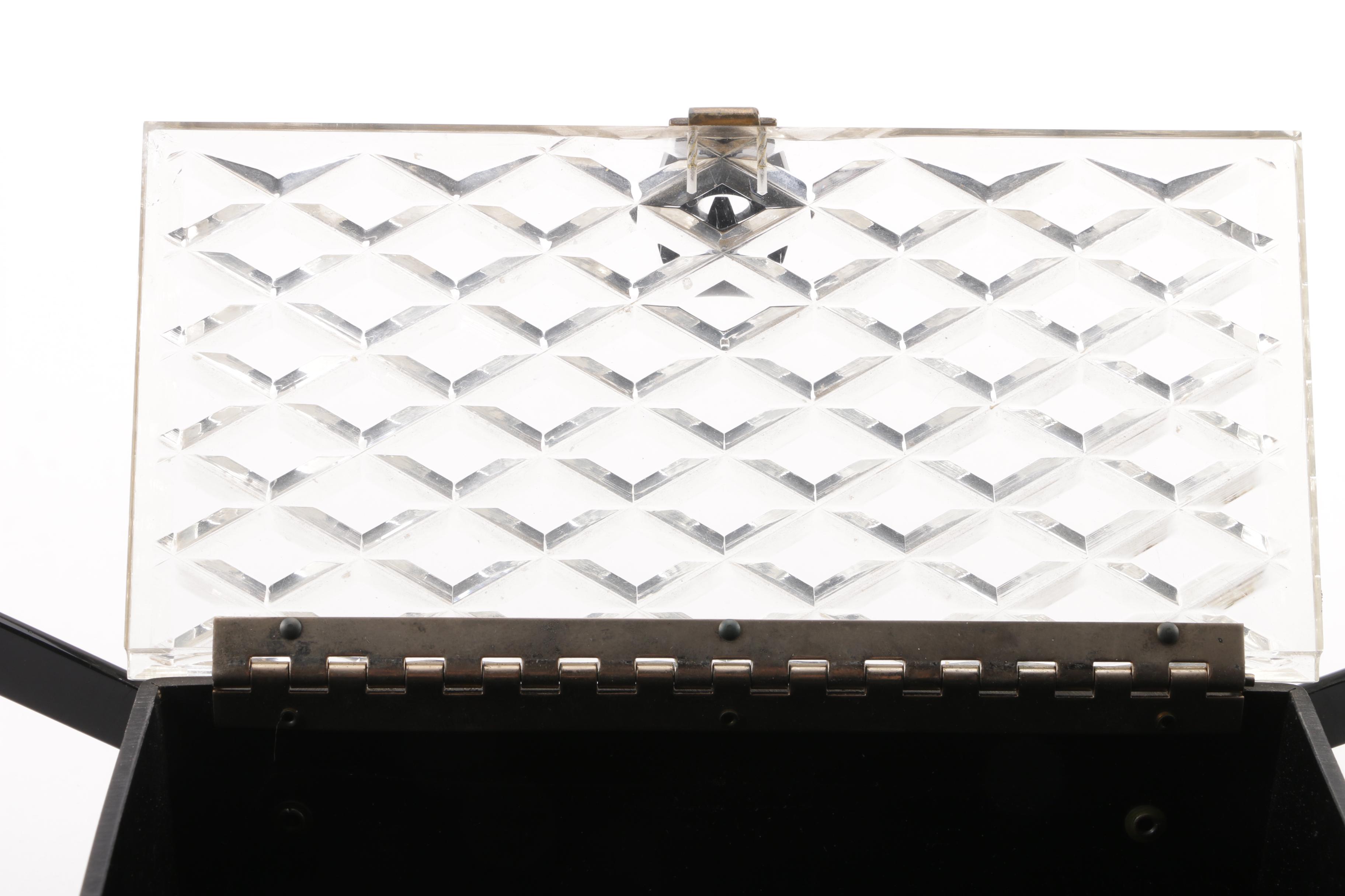 Mid-20th Century Box Purse with Basket Handles and Clear Lucite Diamond Cut Lid