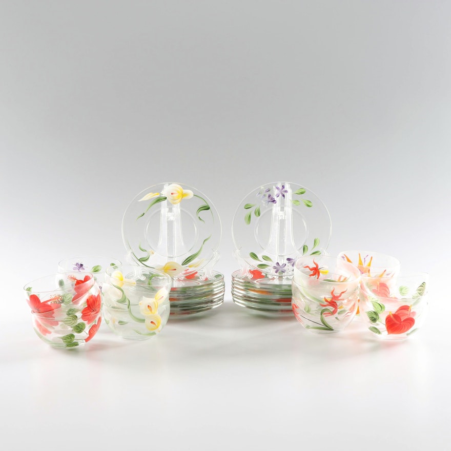 Hand-Painted Floral Glass Bowls and Plates featuring Luminarc