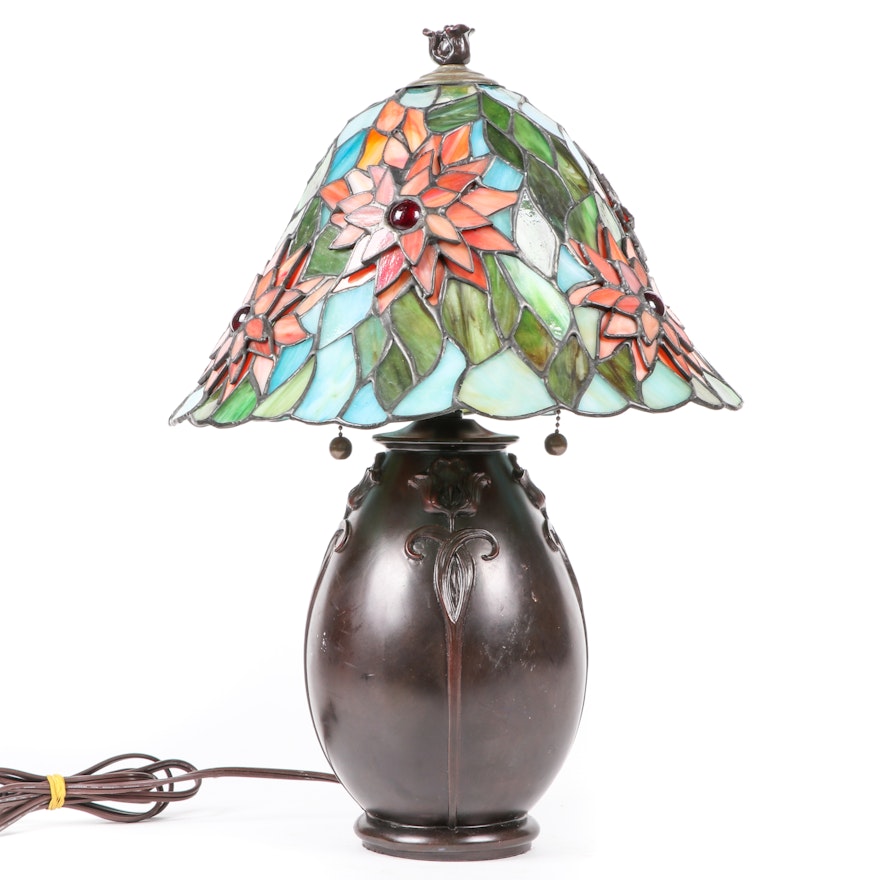 Art Nouveau Style Table Lamp with Three-Dimensional Slag Glass Shade
