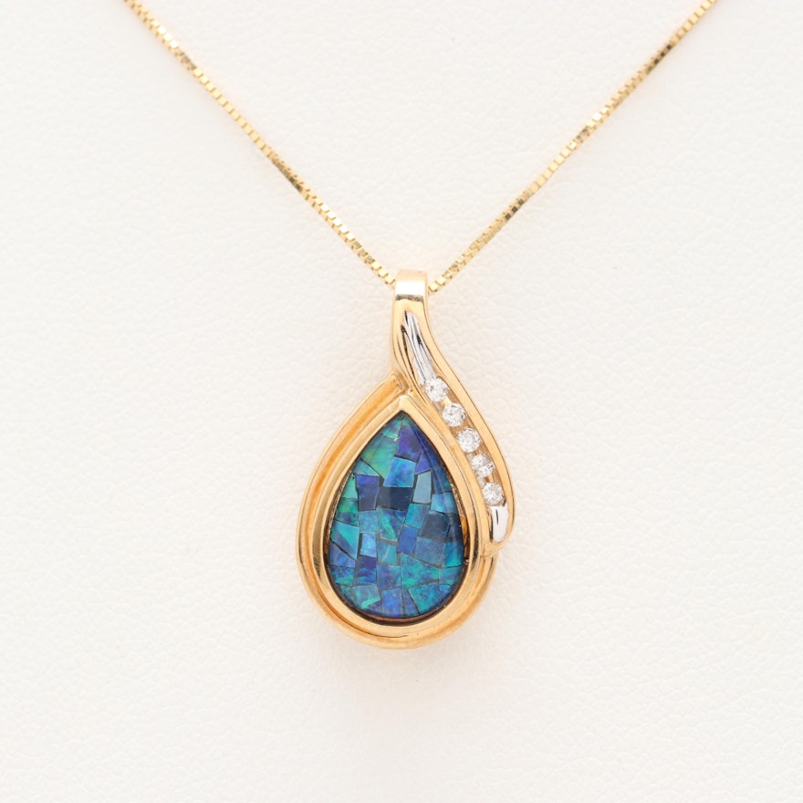 14K and 10K Yellow Gold Mosaic Opal Triplet and Diamond Pendant