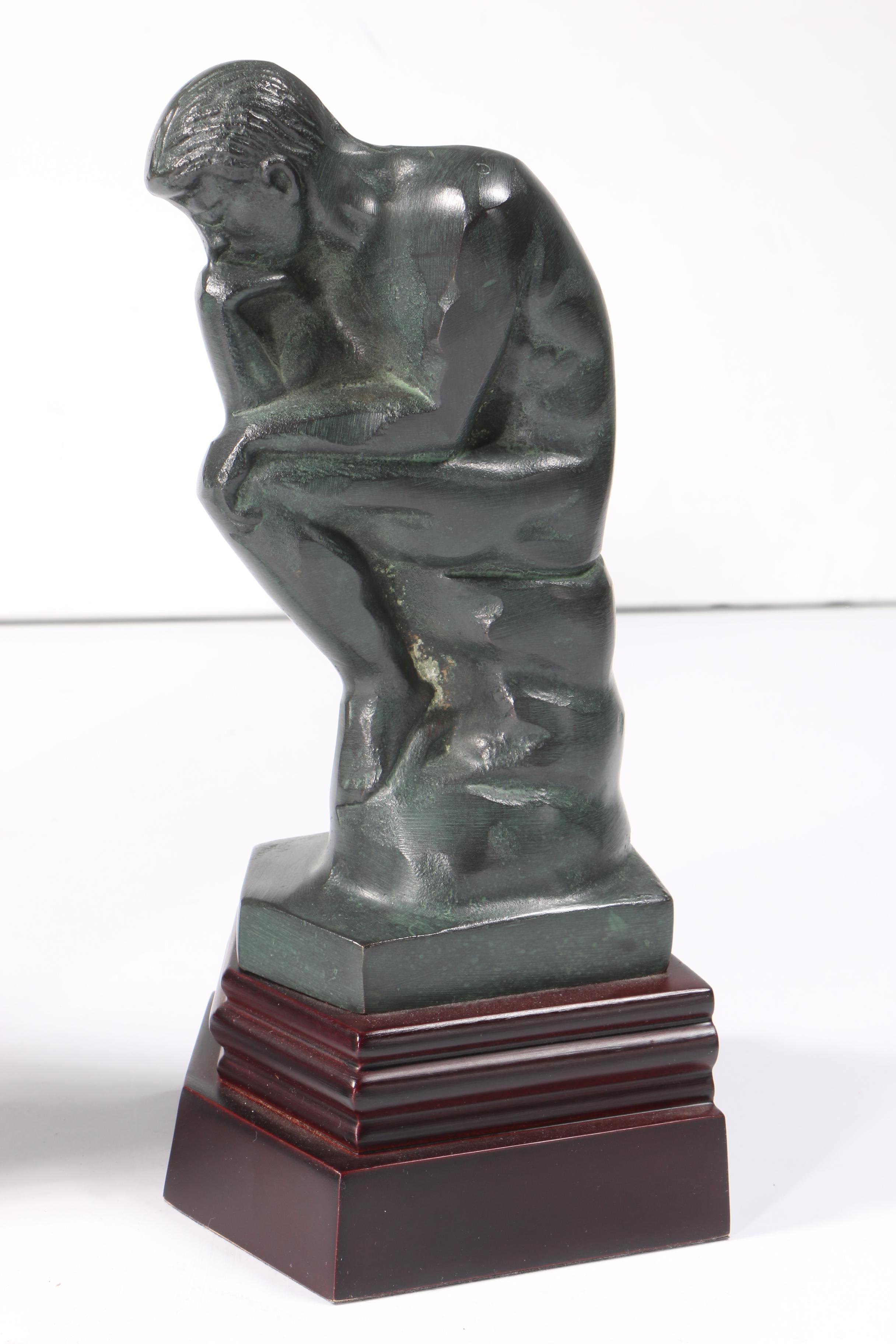 Marble Bookend and Plaster Replica Figurine after Auguste Rodin "The Thinker"