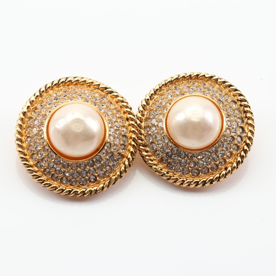 Vintage Chanel Imitation Pearl and Crystal Clip-On Earrings