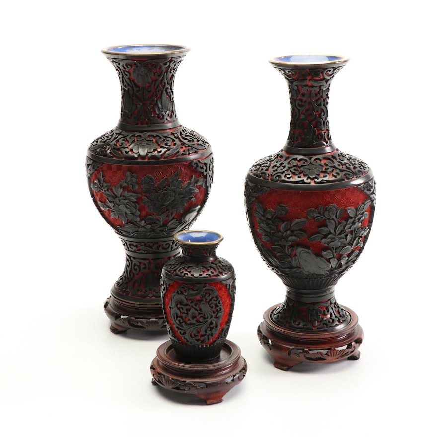 Chinese Carved Cinnabar Style Vases with Wood Stands