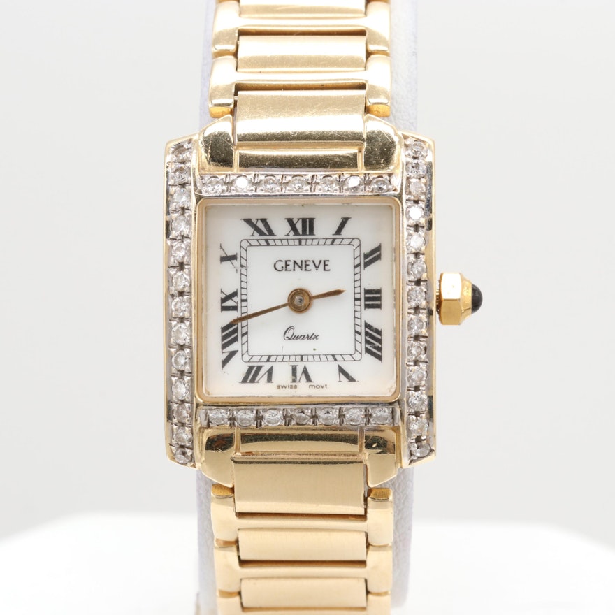 Geneve 14K Yellow Gold Quartz Wristwatch With Diamond Bezel