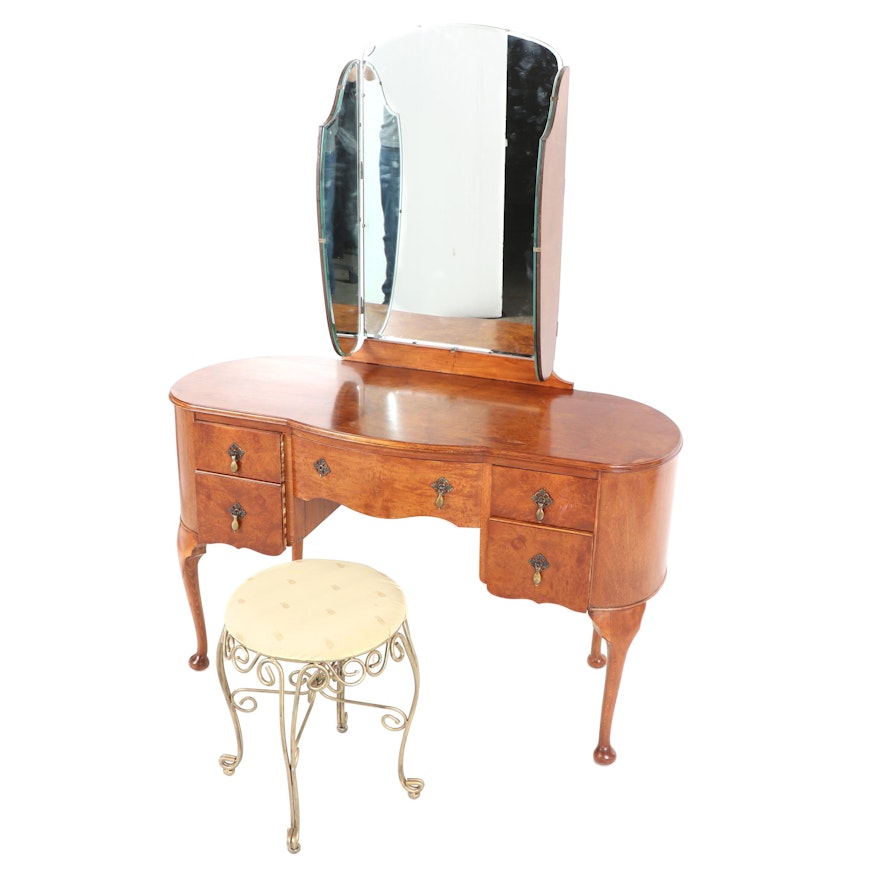 Burl Wood Vanity Table with Stool, Mid-20th Century