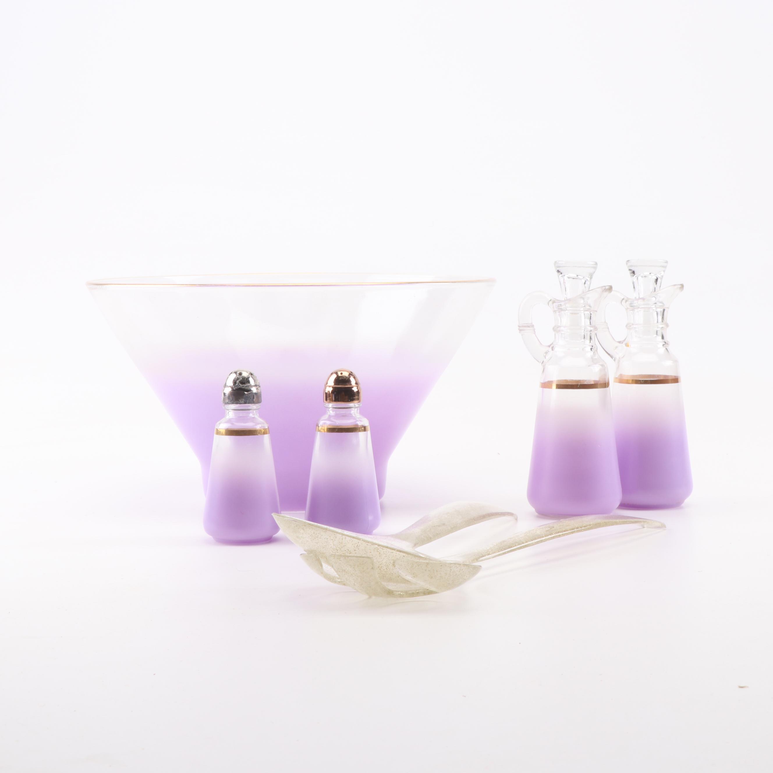 Anchor Hocking Purple Ombré Glass Salad Bowl, Cruets and Salt and Pepper Set