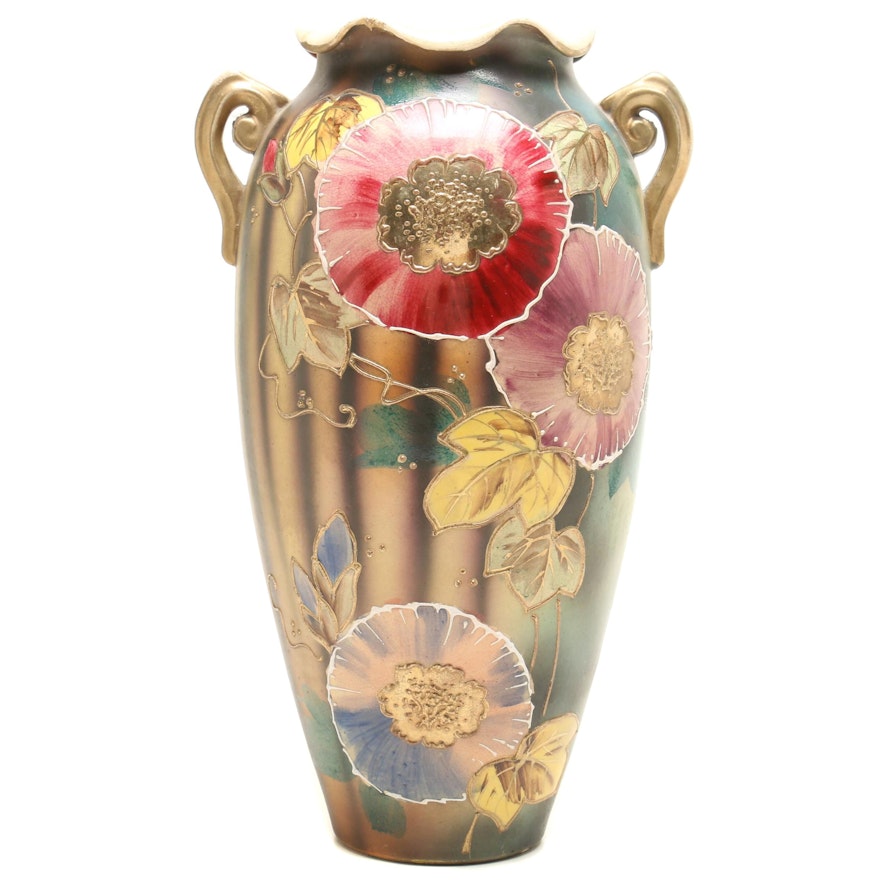 Vintage Hand Painted Floral Vase with Gold Gild Accents