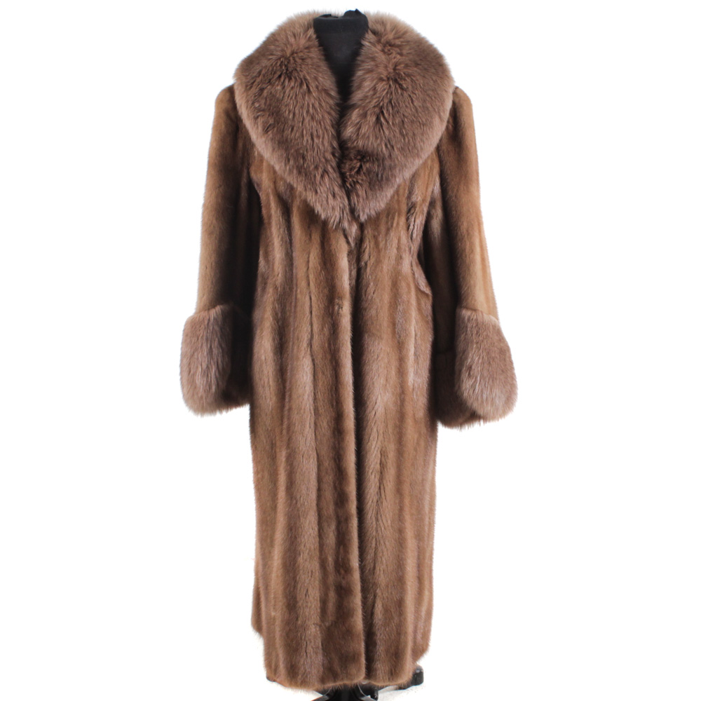 Brown Mink Fur Coat With Fox Fur Collar and Cuffs