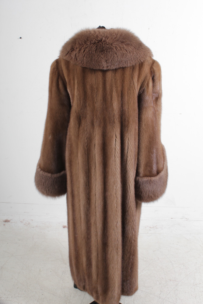 Brown Mink Fur Coat With Fox Fur Collar and Cuffs