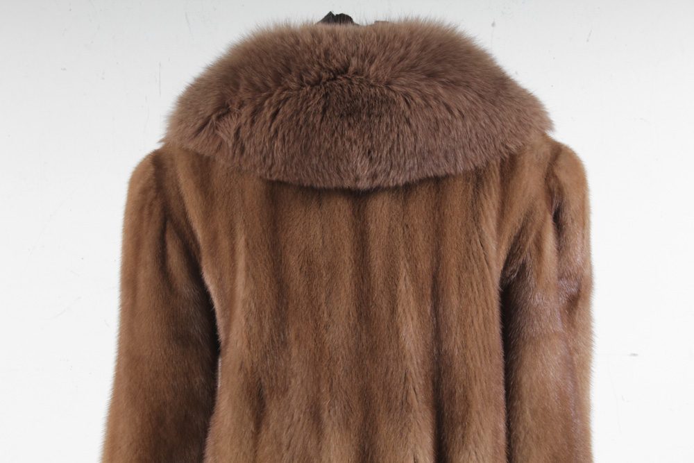 Brown Mink Fur Coat With Fox Fur Collar and Cuffs
