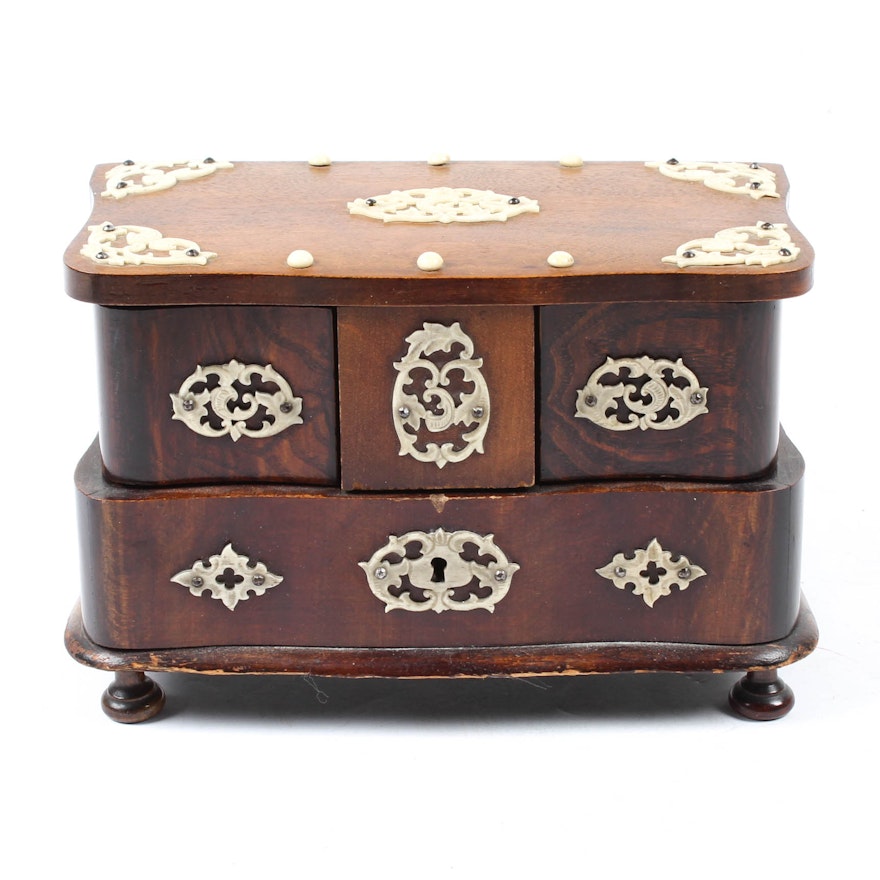 Anglo Indian Wood Jewelry Box, Satin Lined Accented with Bone