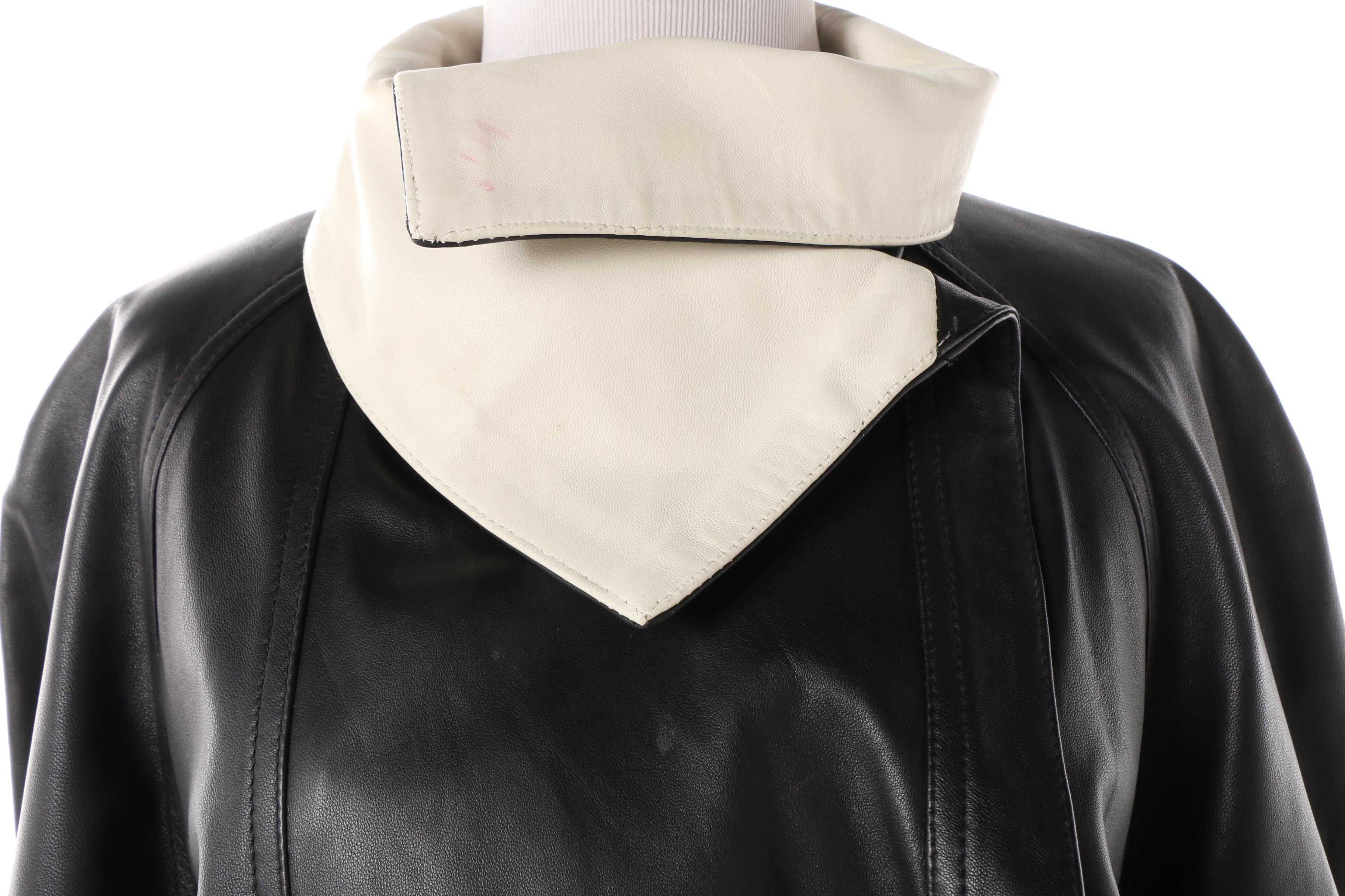 Women's Vintage Vera Pelle Black Leather Swing Coat with White Trim