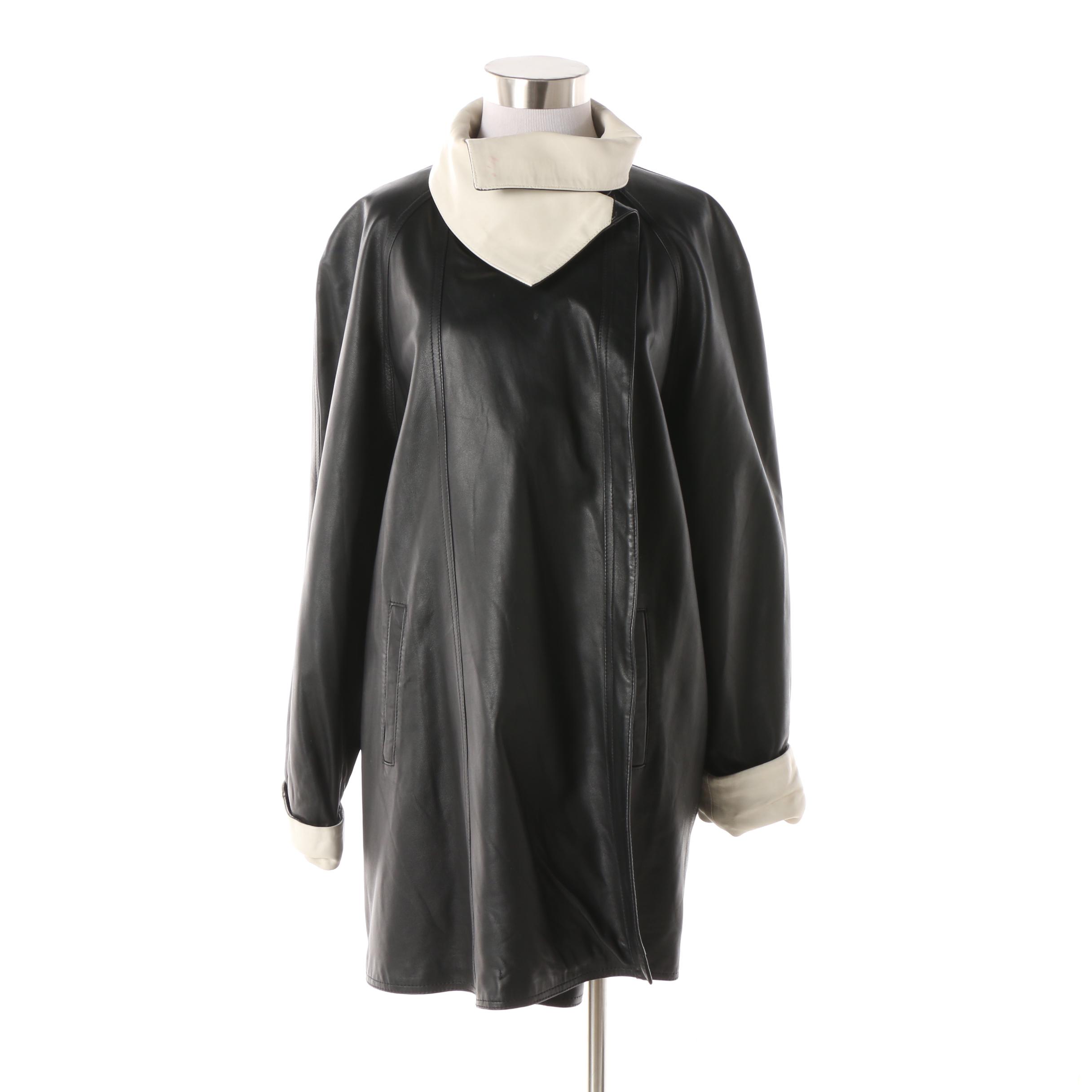 Women's Vintage Vera Pelle Black Leather Swing Coat with White Trim