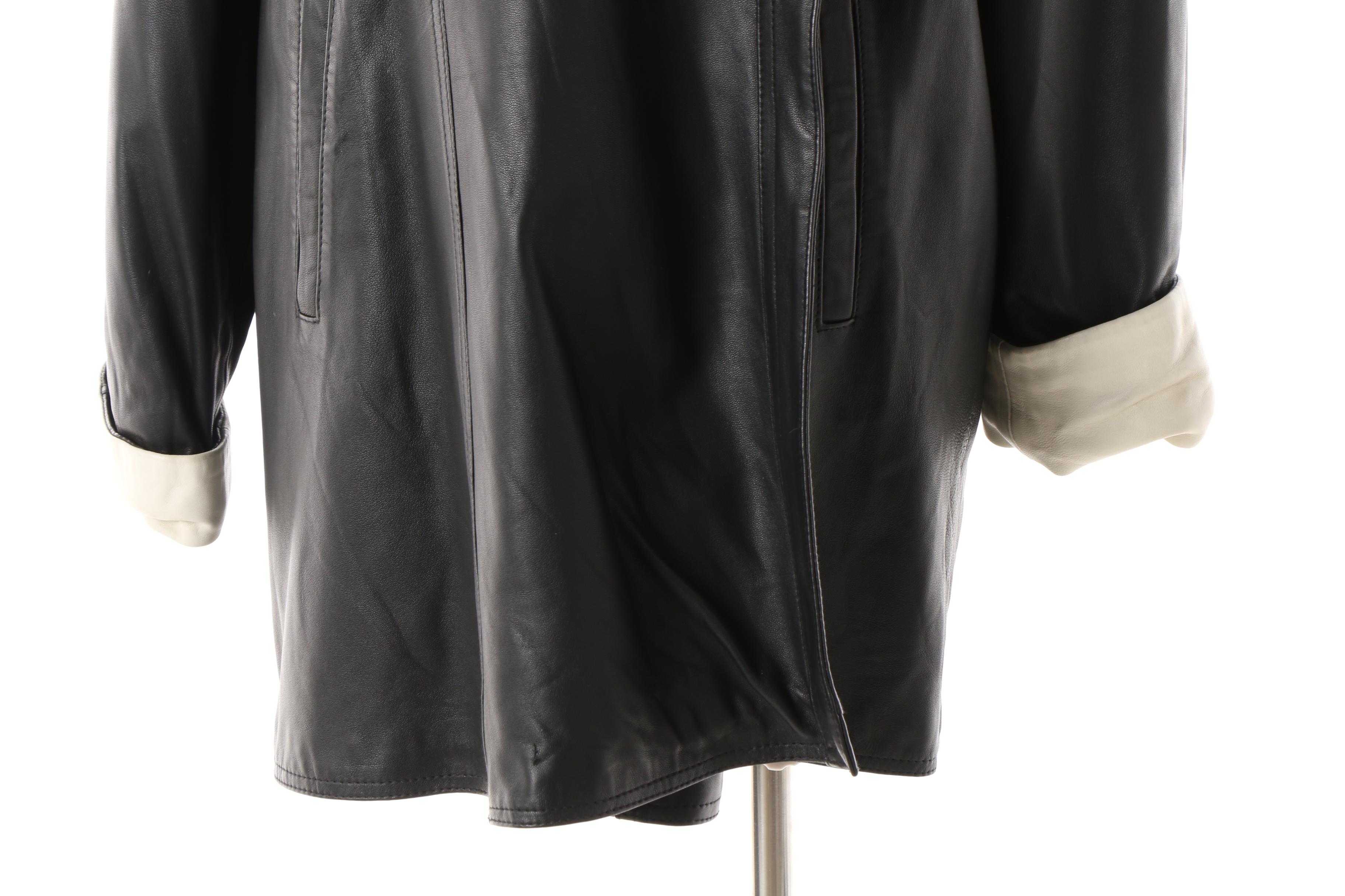 Women's Vintage Vera Pelle Black Leather Swing Coat with White Trim