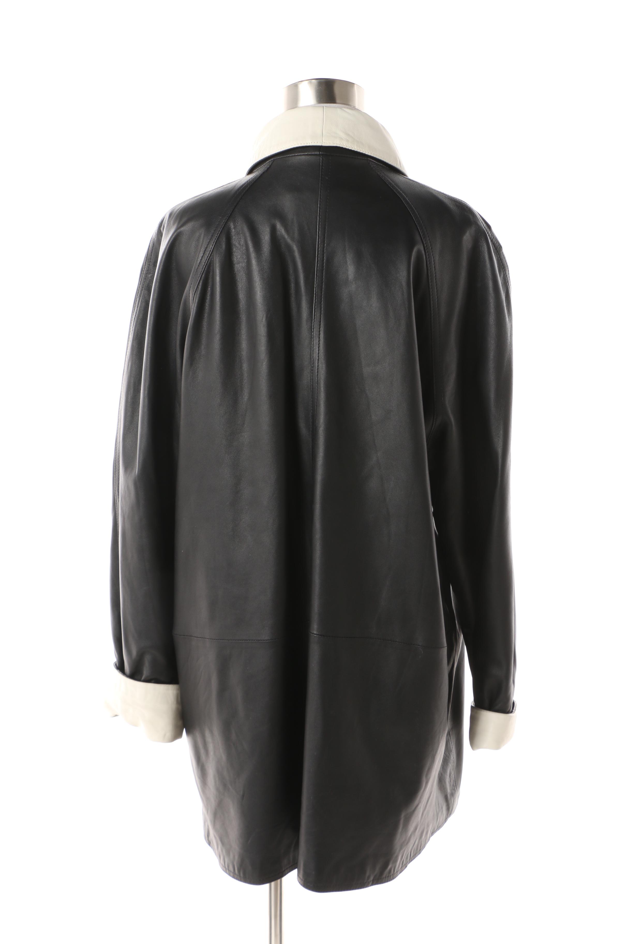 Women's Vintage Vera Pelle Black Leather Swing Coat with White Trim