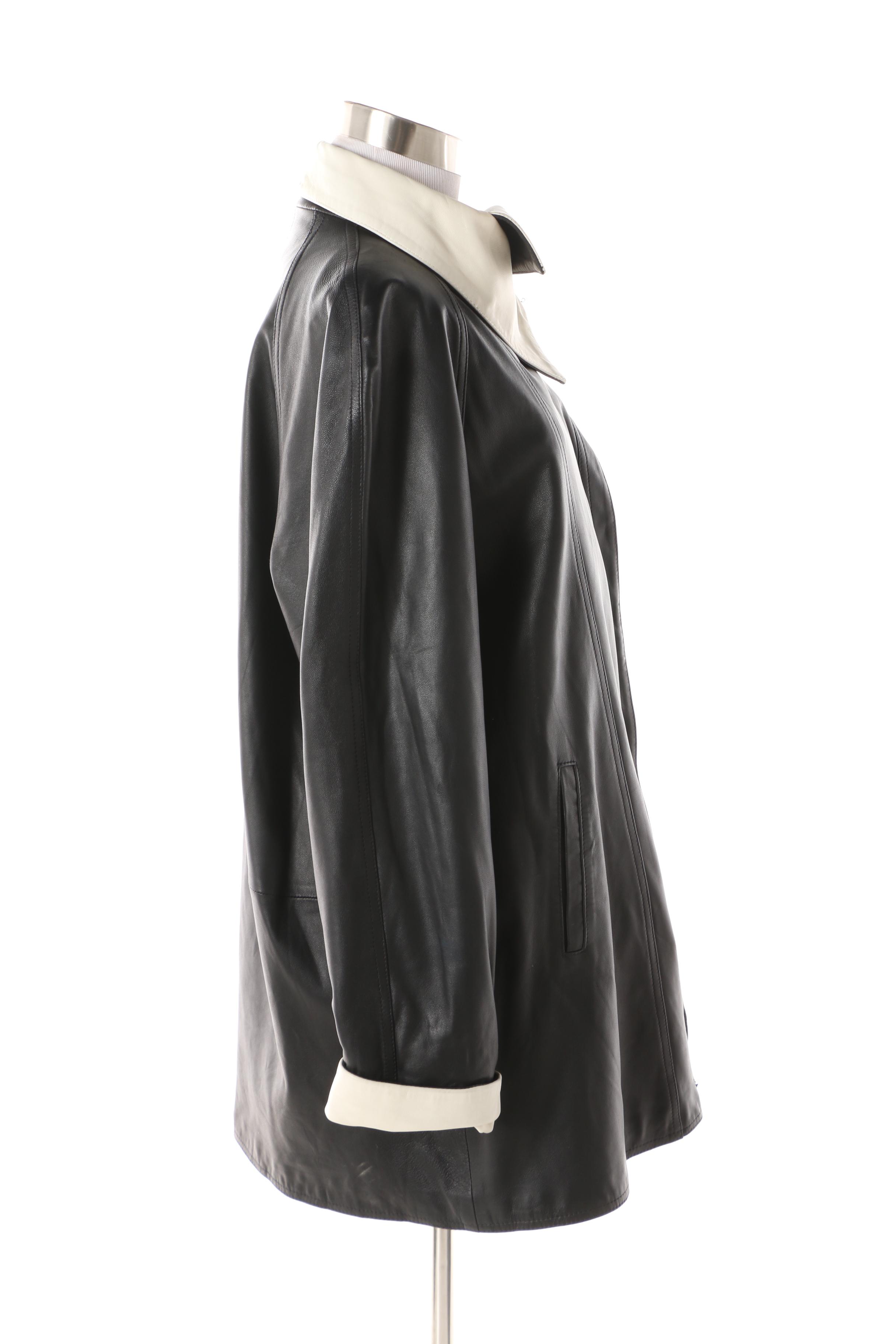 Women's Vintage Vera Pelle Black Leather Swing Coat with White Trim