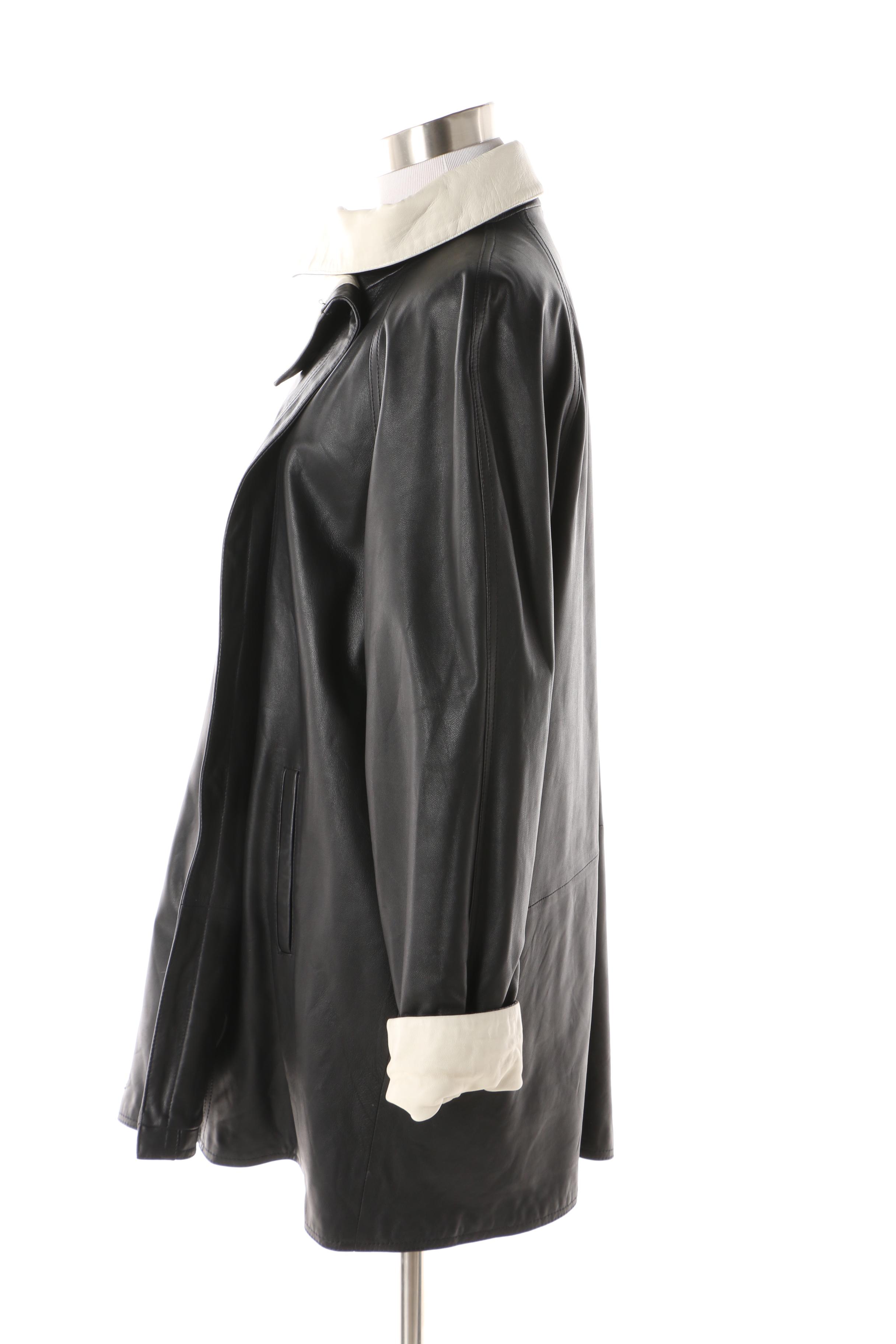 Women's Vintage Vera Pelle Black Leather Swing Coat with White Trim