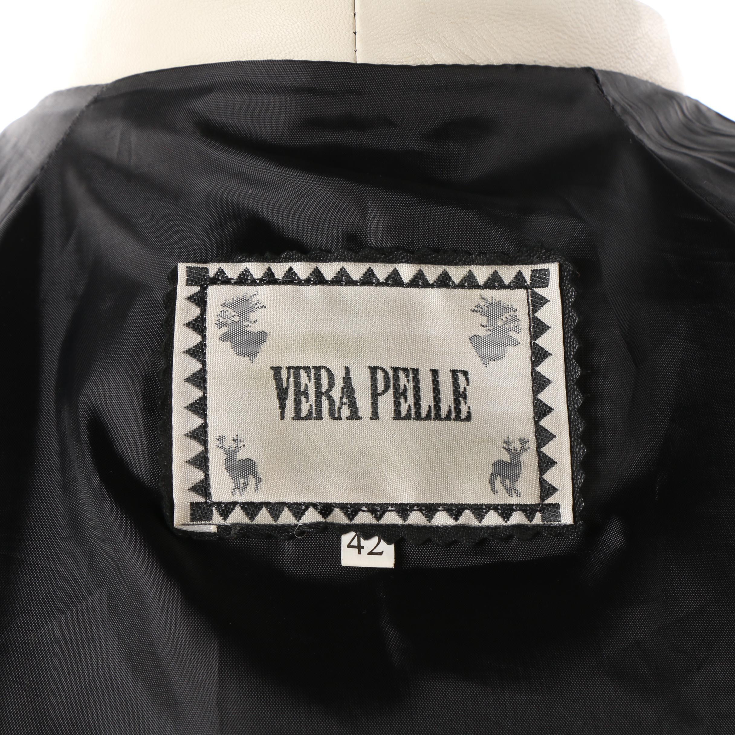 Women's Vintage Vera Pelle Black Leather Swing Coat with White Trim