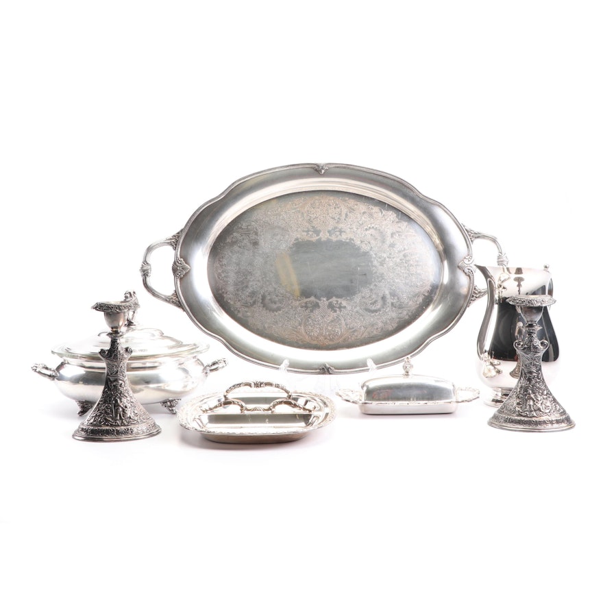 Rogers "Moonbeam" Serving Tray with Other Silver Plate Tableware, Mid-Century