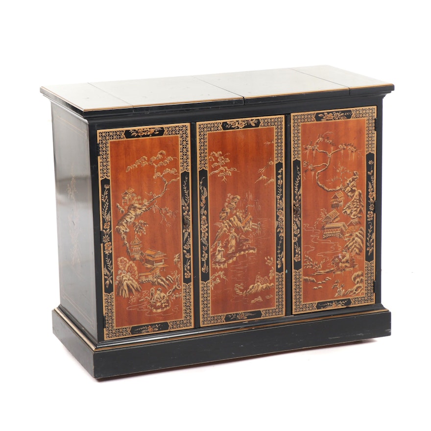 Chinese Style Black Lacquer Wood Drop Leaf Buffet by Drexel, Late 20th Century