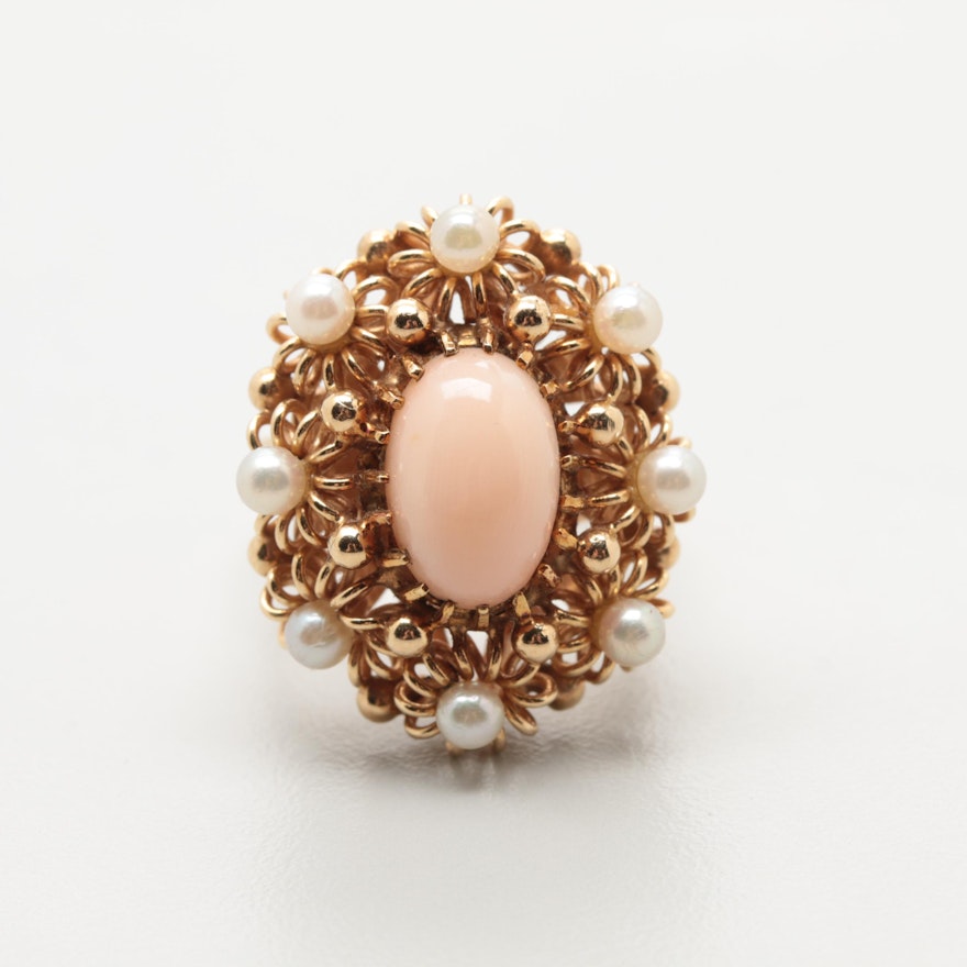 14K Yellow Gold Coral and Cultured Pearl Ring
