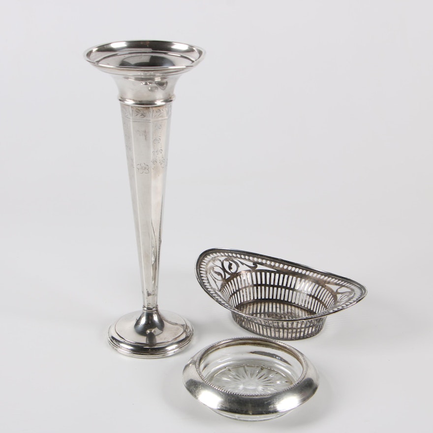 La Pierre Weighted Sterling Trumpet Vase with Coaster and Nut Dish
