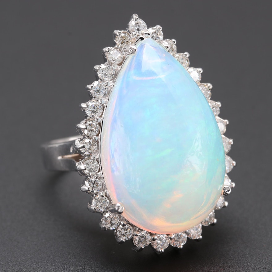 18K White Gold 10.95 CT Opal and Diamond Ring