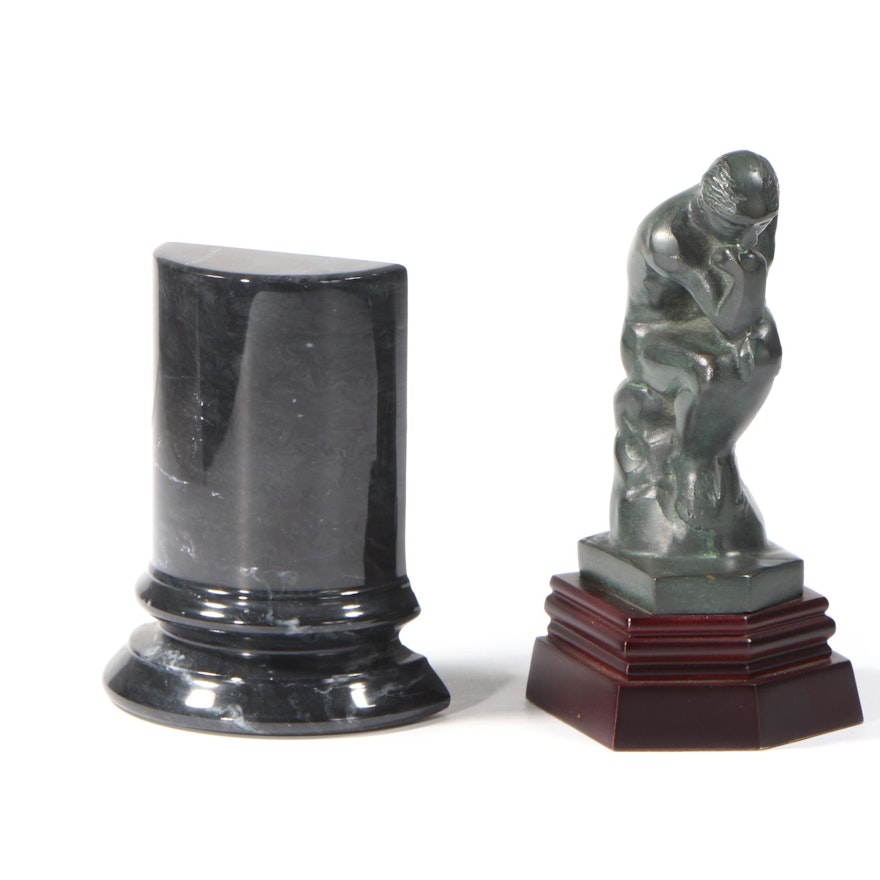 Marble Bookend and Plaster Replica Figurine after Auguste Rodin "The Thinker"