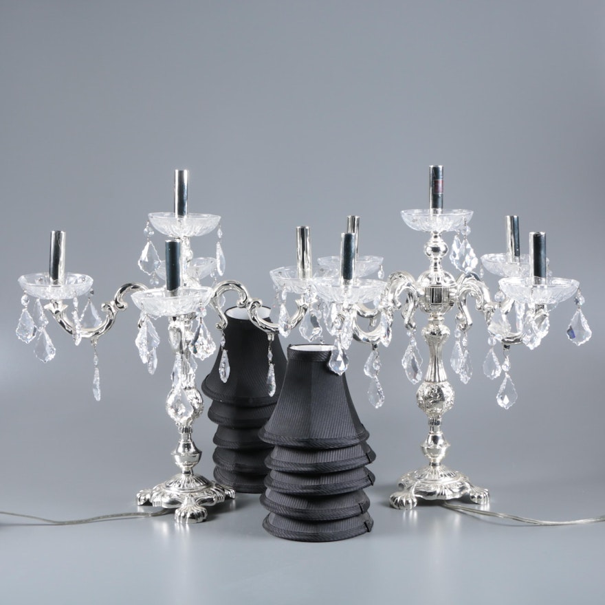 Baroque Style Silver Tone Candelabra Table Lamps with Glass Bobeches and Prisms