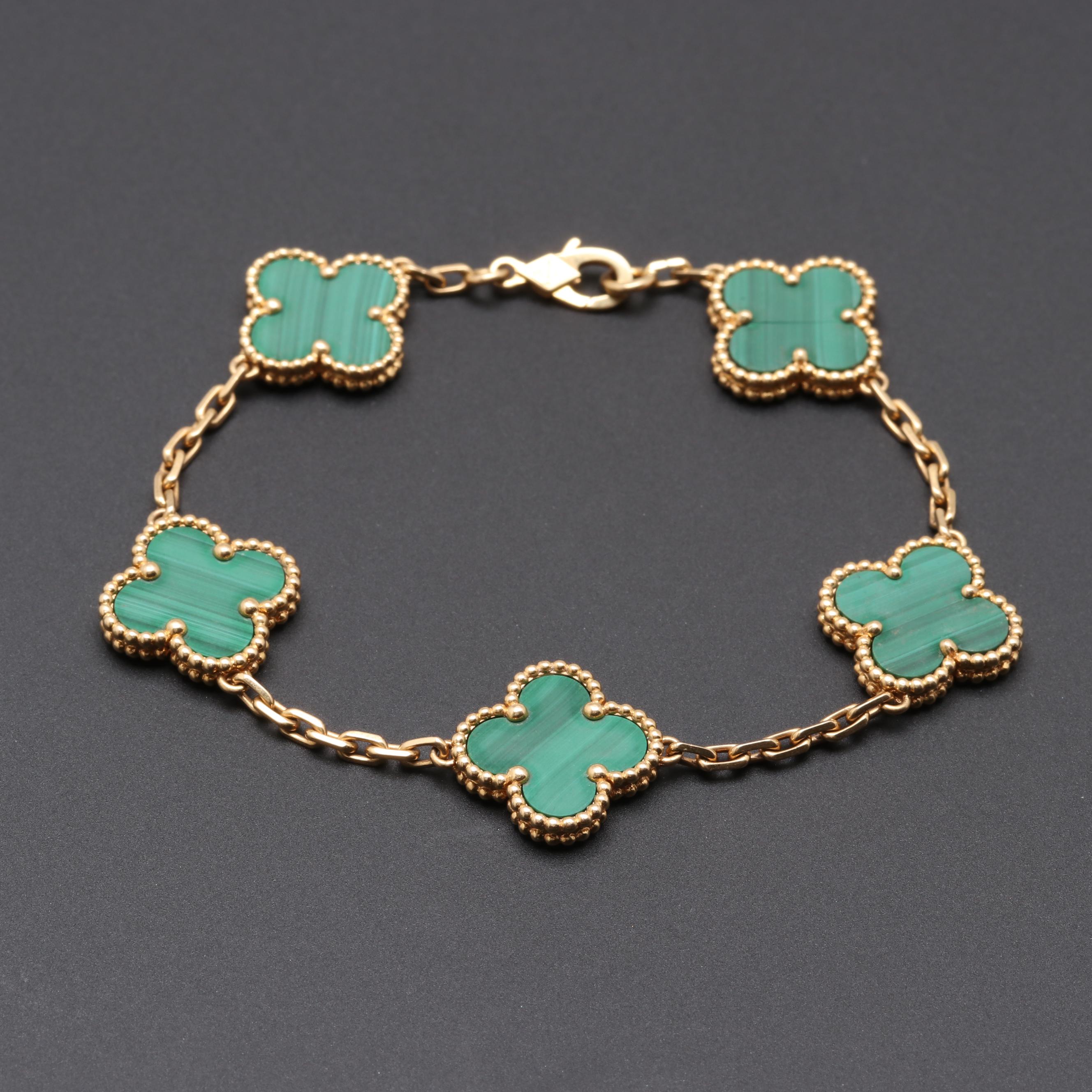 Van Cleef & Arpels "Alhambra" 18K Yellow Gold Malachite Bracelet