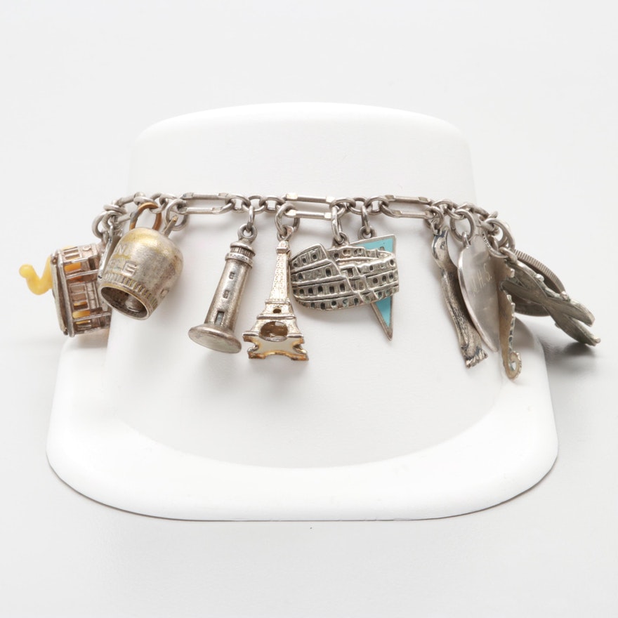 Vintage Sterling Silver Charm Bracelet with Plastic and Turquoise Accents