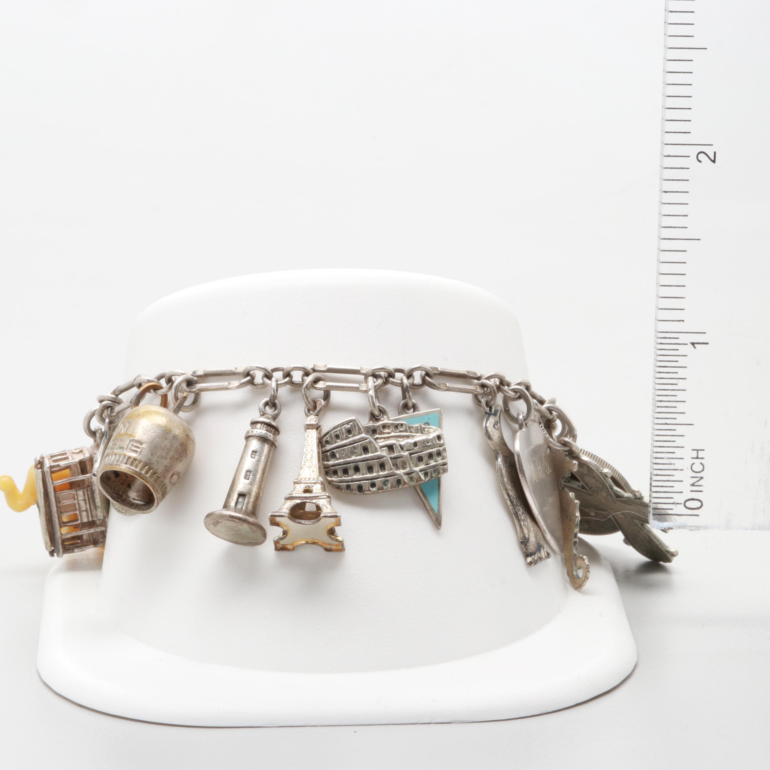 Vintage Sterling Silver Charm Bracelet with Plastic and Turquoise Accents