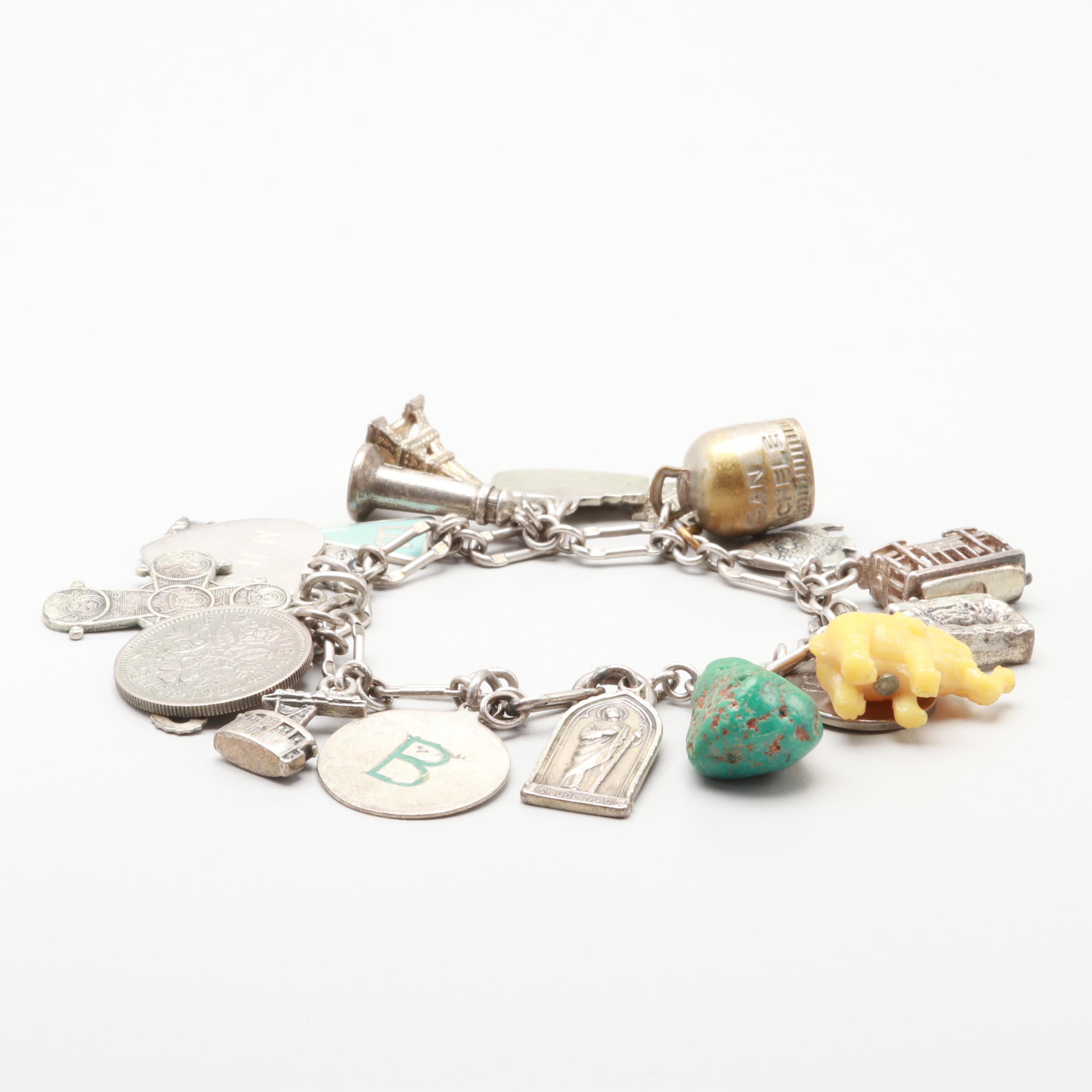 Vintage Sterling Silver Charm Bracelet with Plastic and Turquoise Accents